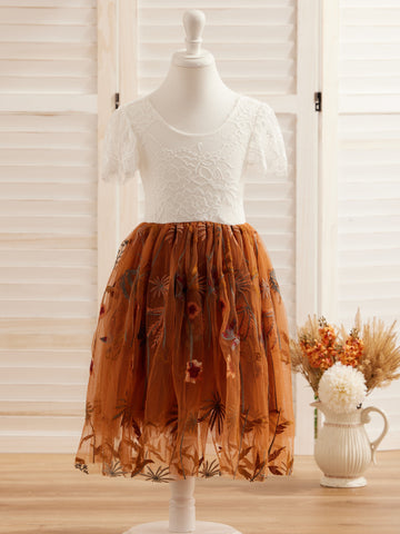 Vestido de niña de las flores color naranja quemado, blanco, encaje, tul y bordado hasta la rodilla 