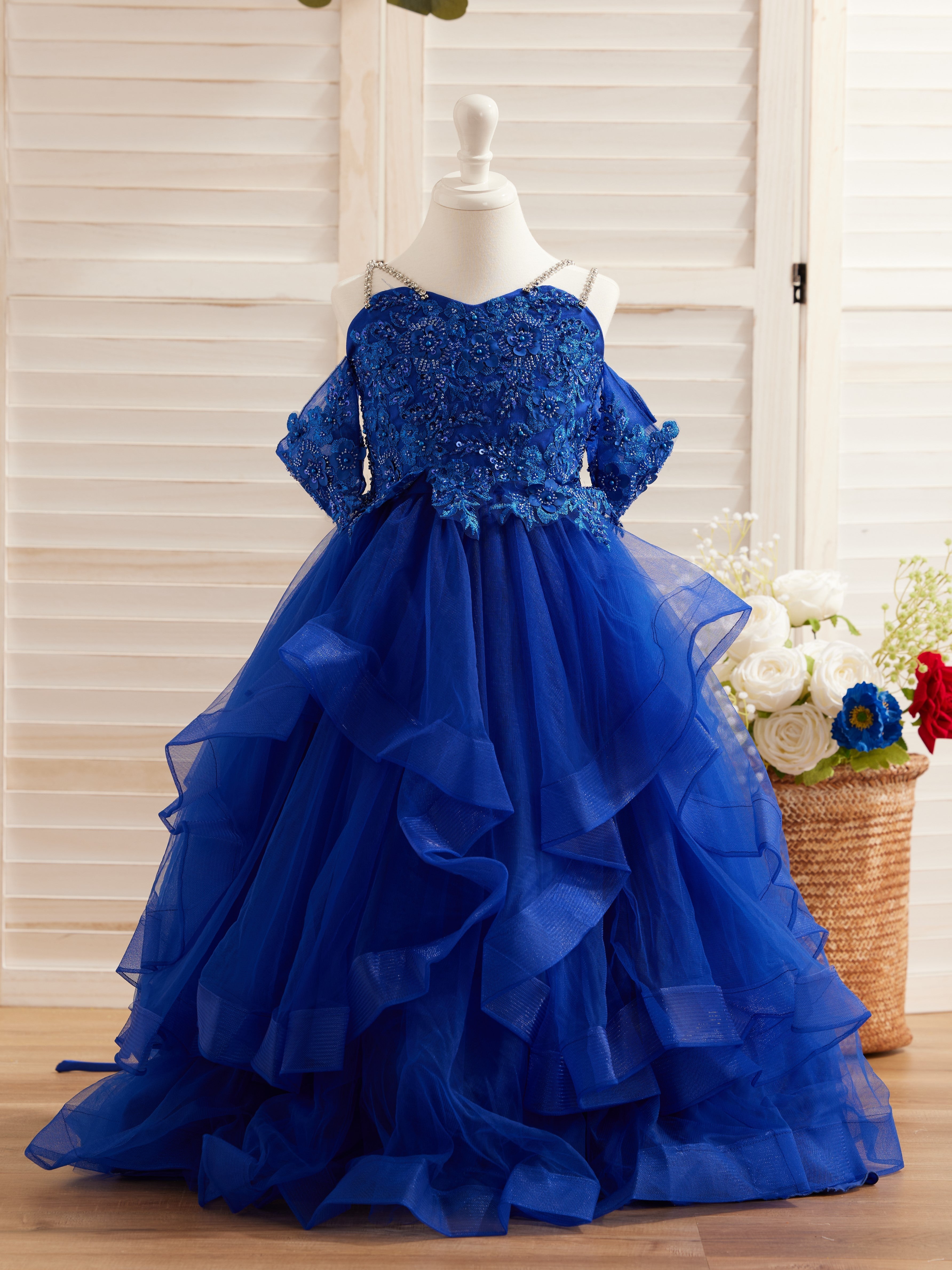Vestido de princesa de tul con apliques florales y pedrería para niñas 
