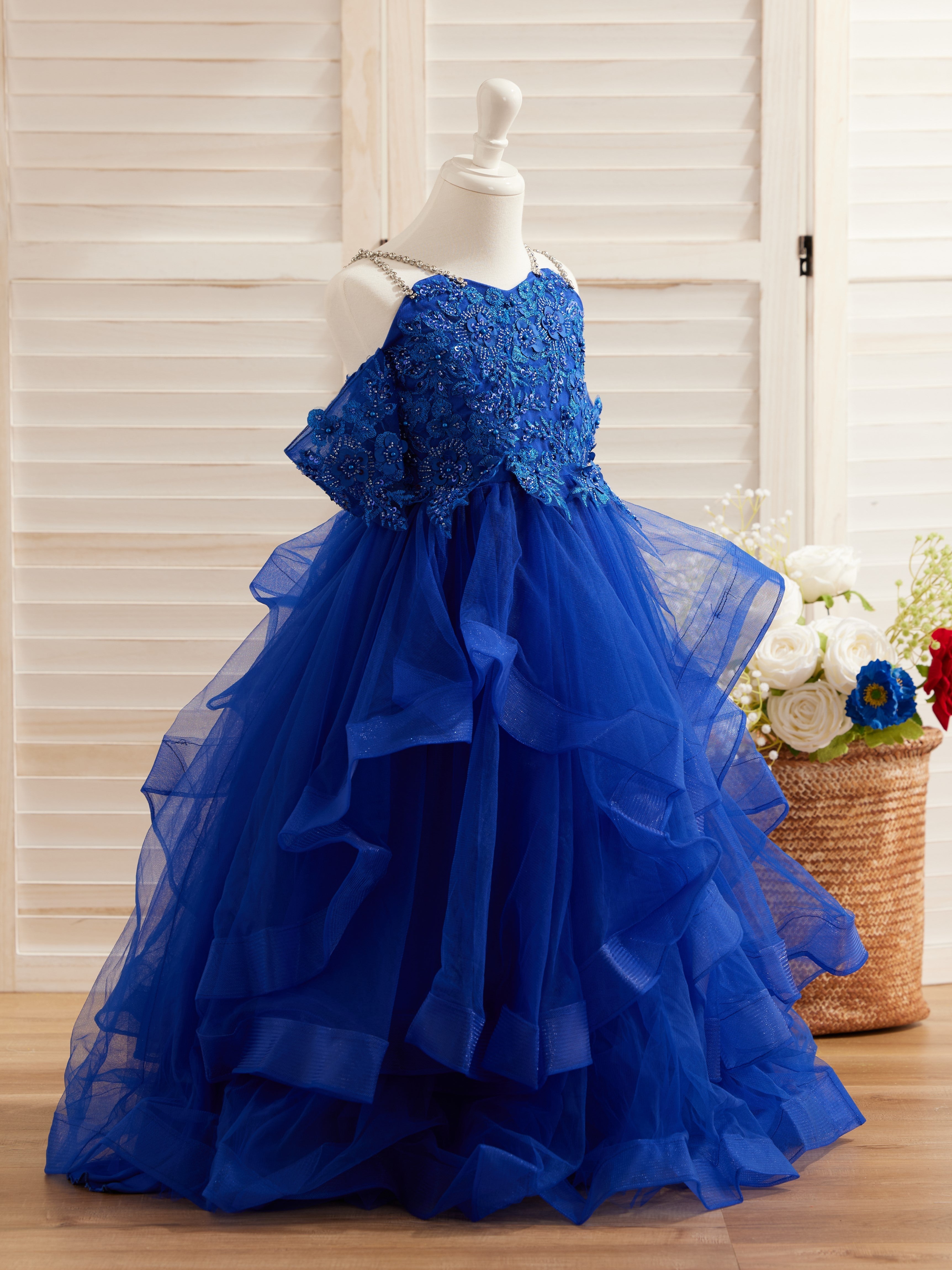 Vestido de princesa de tul con apliques florales y pedrería para niñas 
