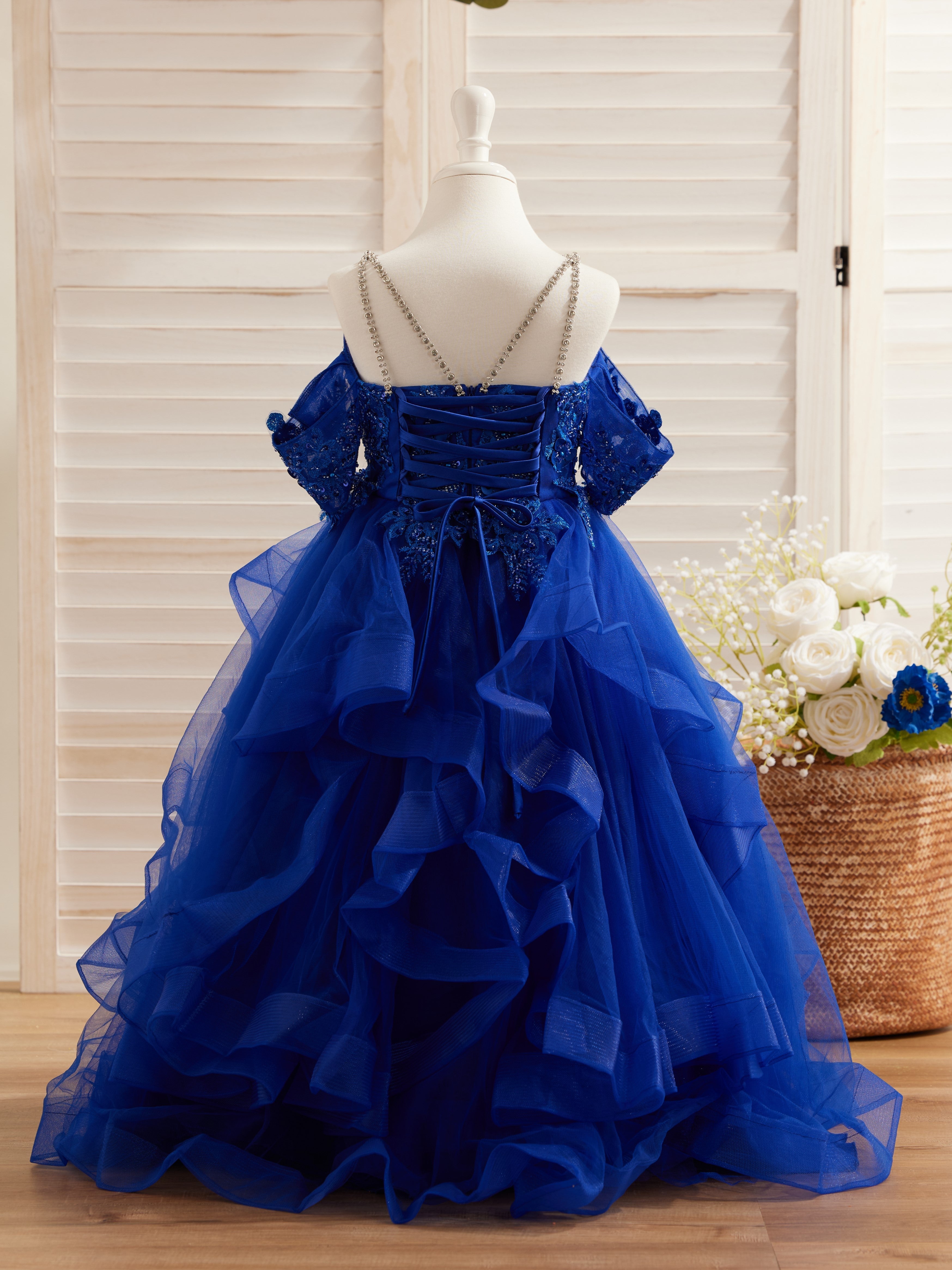 Vestido de princesa de tul con apliques florales y pedrería para niñas 