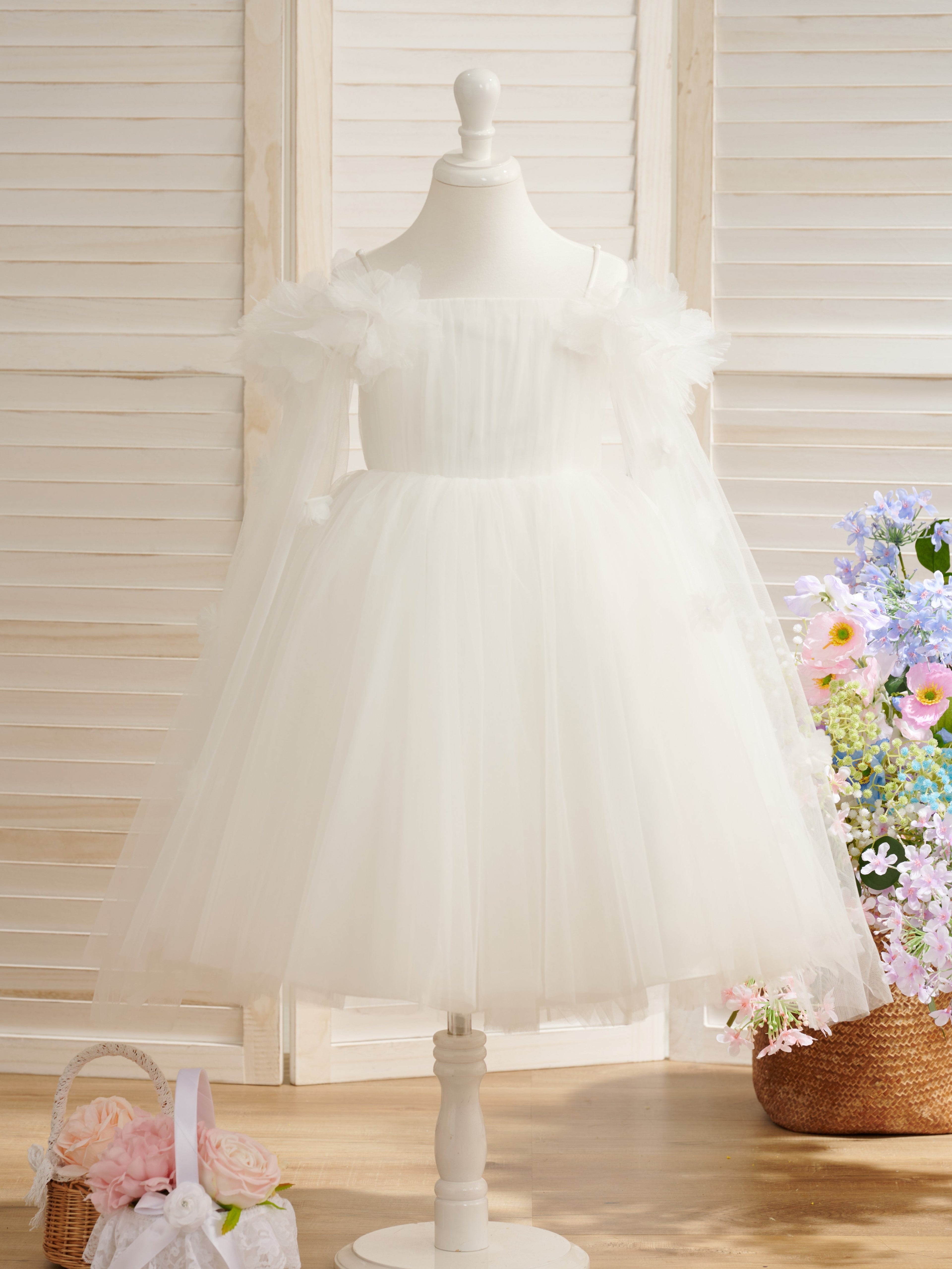 Vestido de princesa/vestido de princesa de satén y tul color marfil hasta la rodilla para niña de las flores 