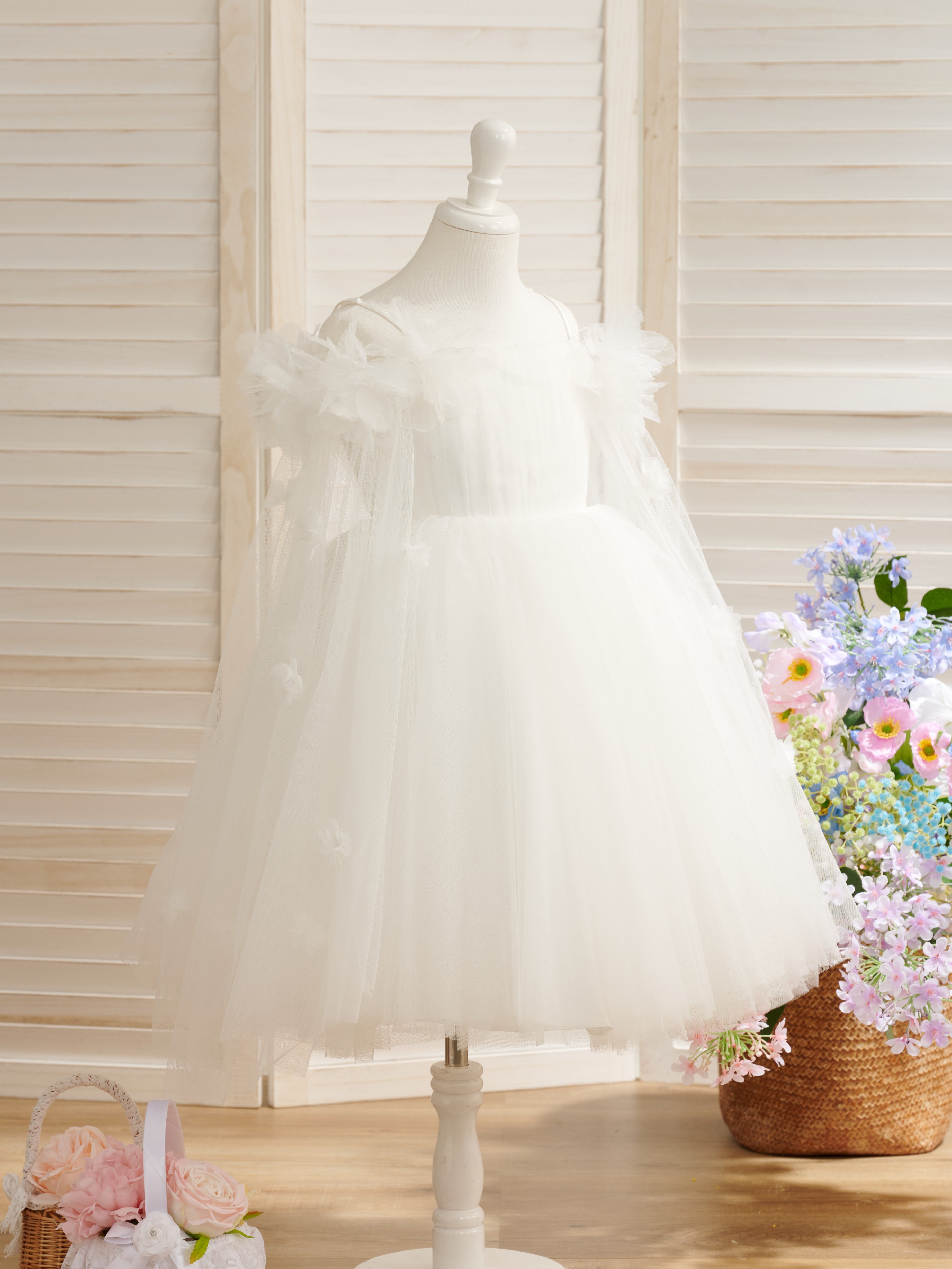 Vestido de princesa/vestido de princesa de satén y tul color marfil hasta la rodilla para niña de las flores 