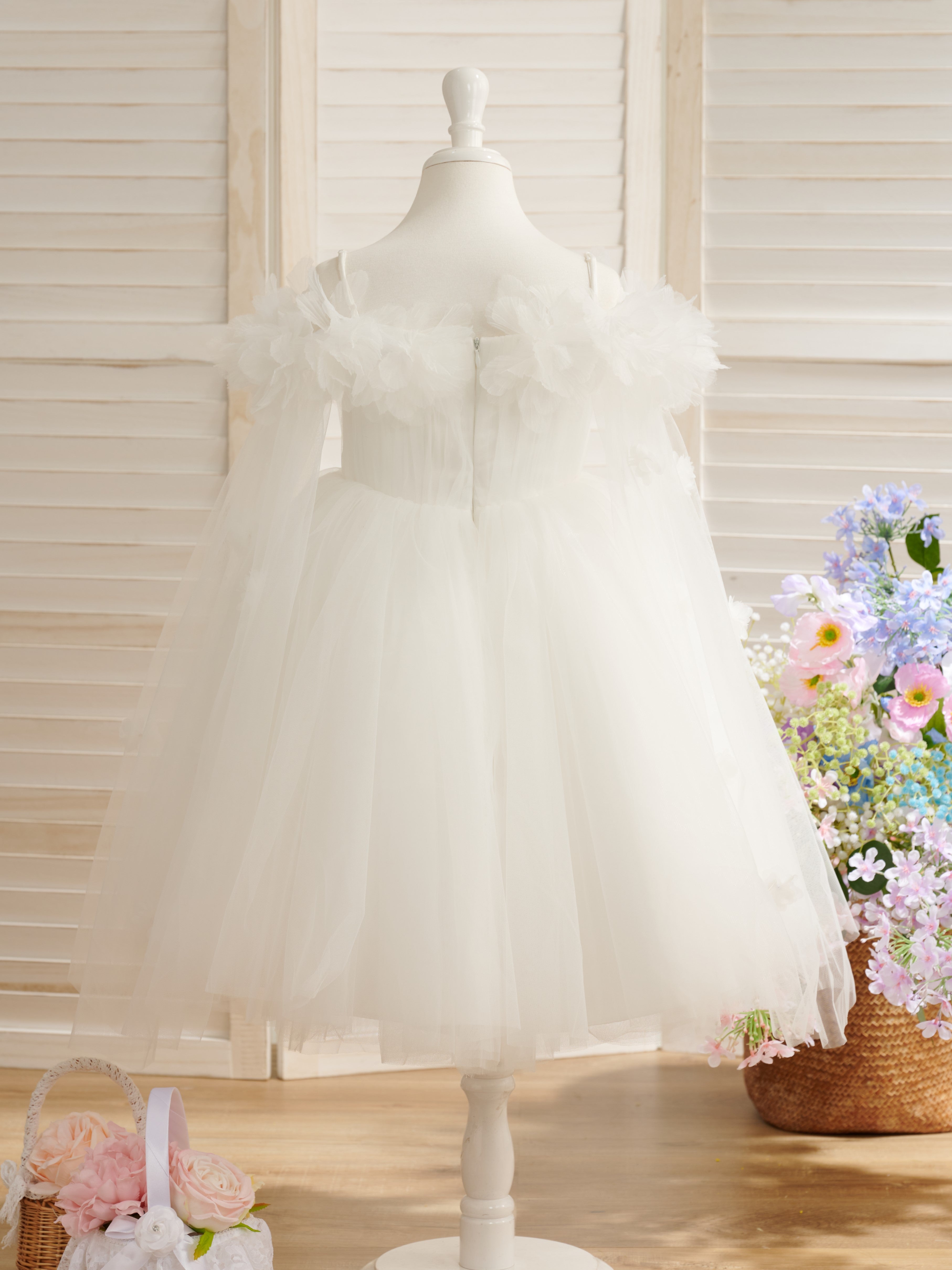 Vestido de princesa/vestido de princesa de satén y tul color marfil hasta la rodilla para niña de las flores 