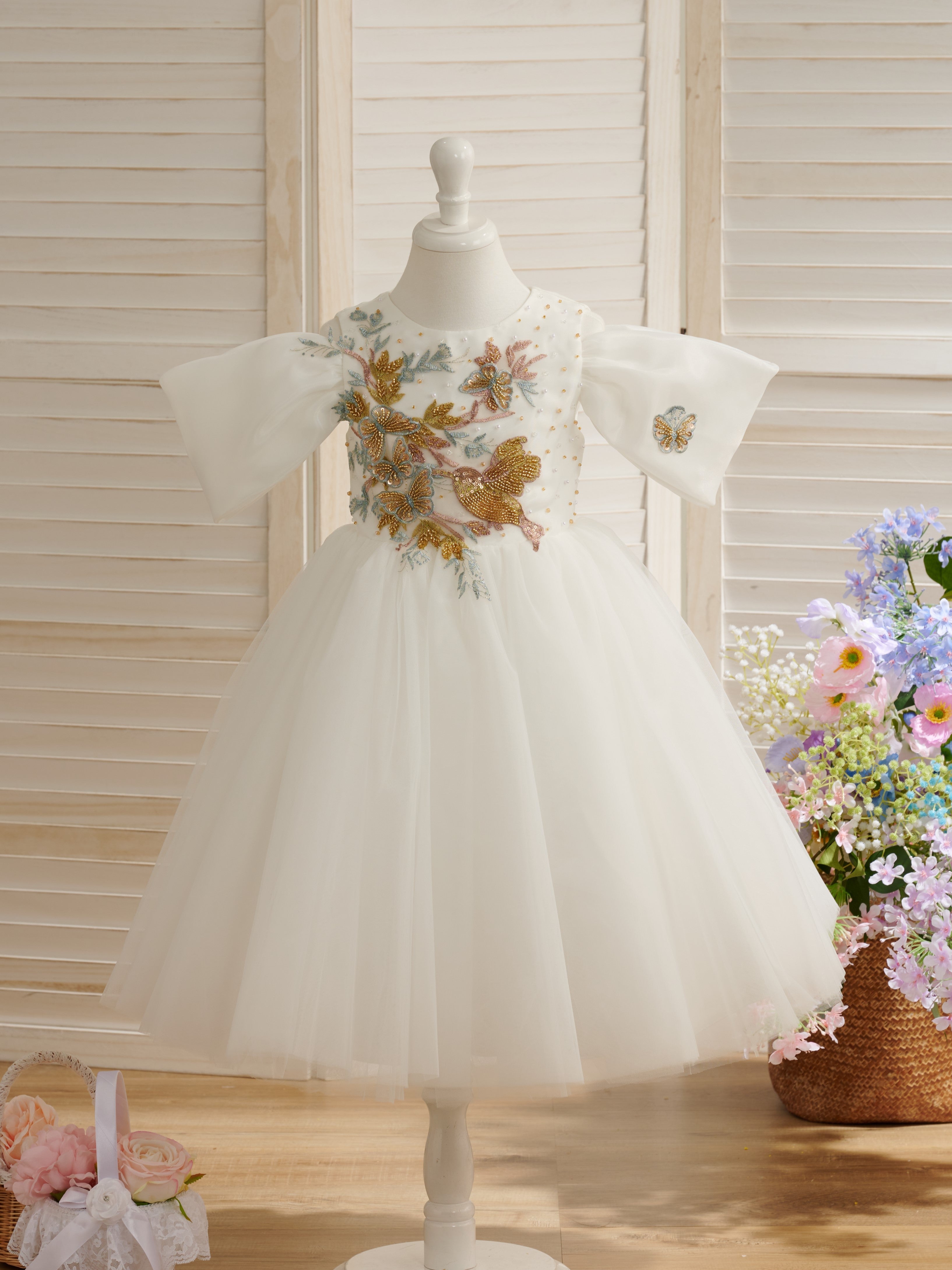 Vestido de niña de las flores de tul y organza hasta la rodilla 