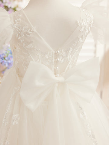 Vestido de niña de las flores con cola de tul y encaje desmontable