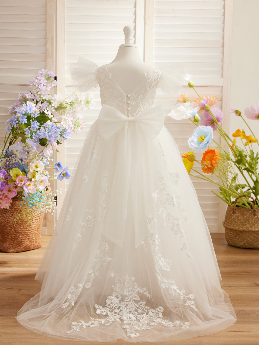 Vestido de niña de las flores con cola de tul y encaje desmontable