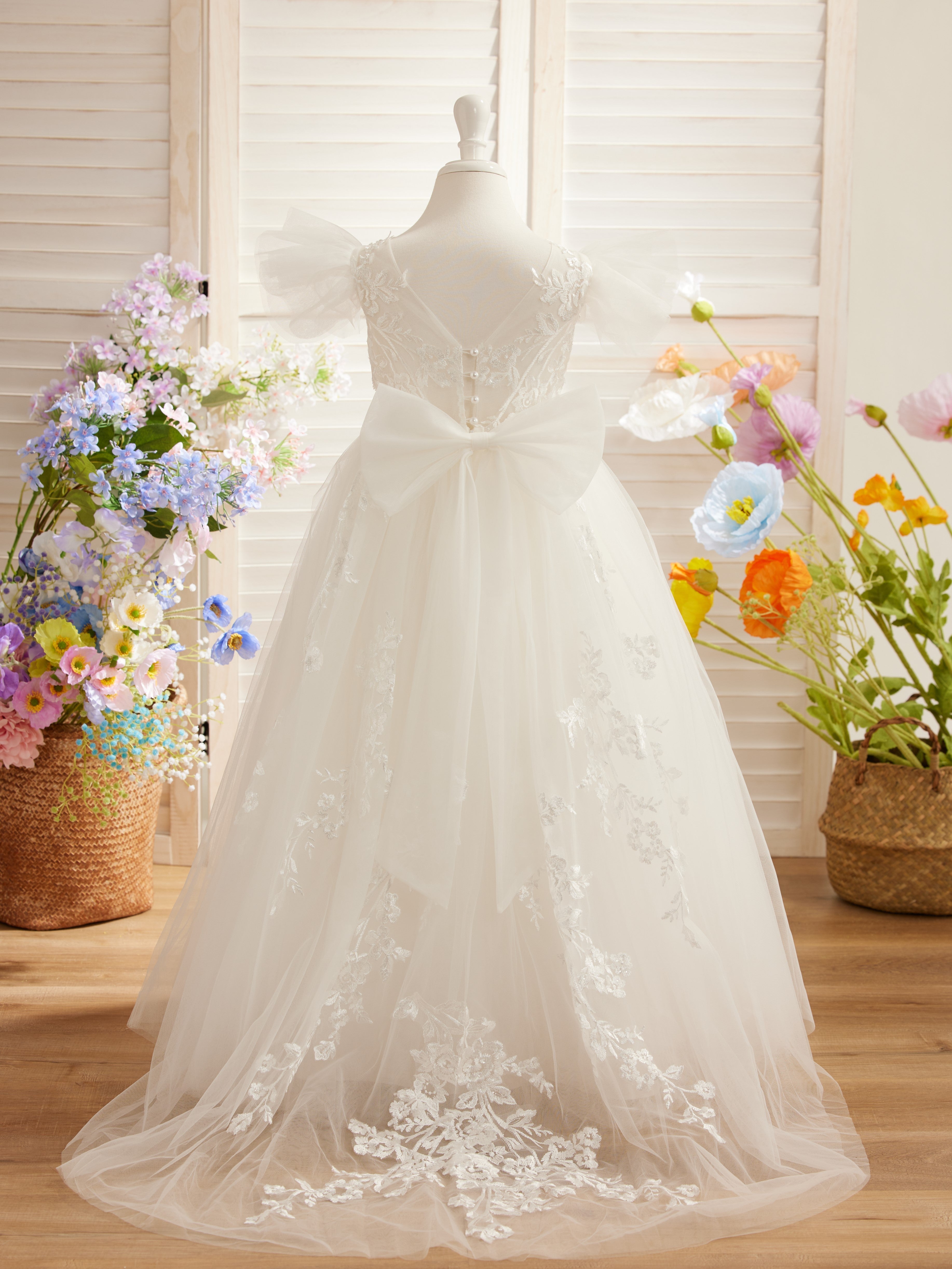 Vestido de niña de las flores con cola de tul y encaje desmontable 