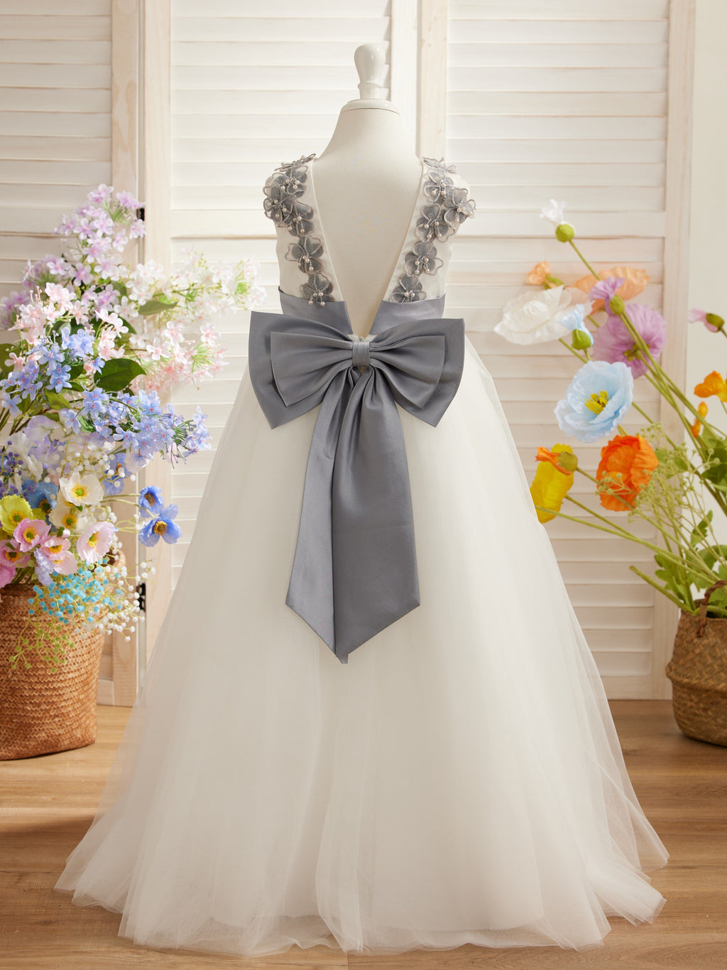 Vestido de princesa/de princesa con flores 3D de tul hasta el suelo, color marfil, para niña de las flores 