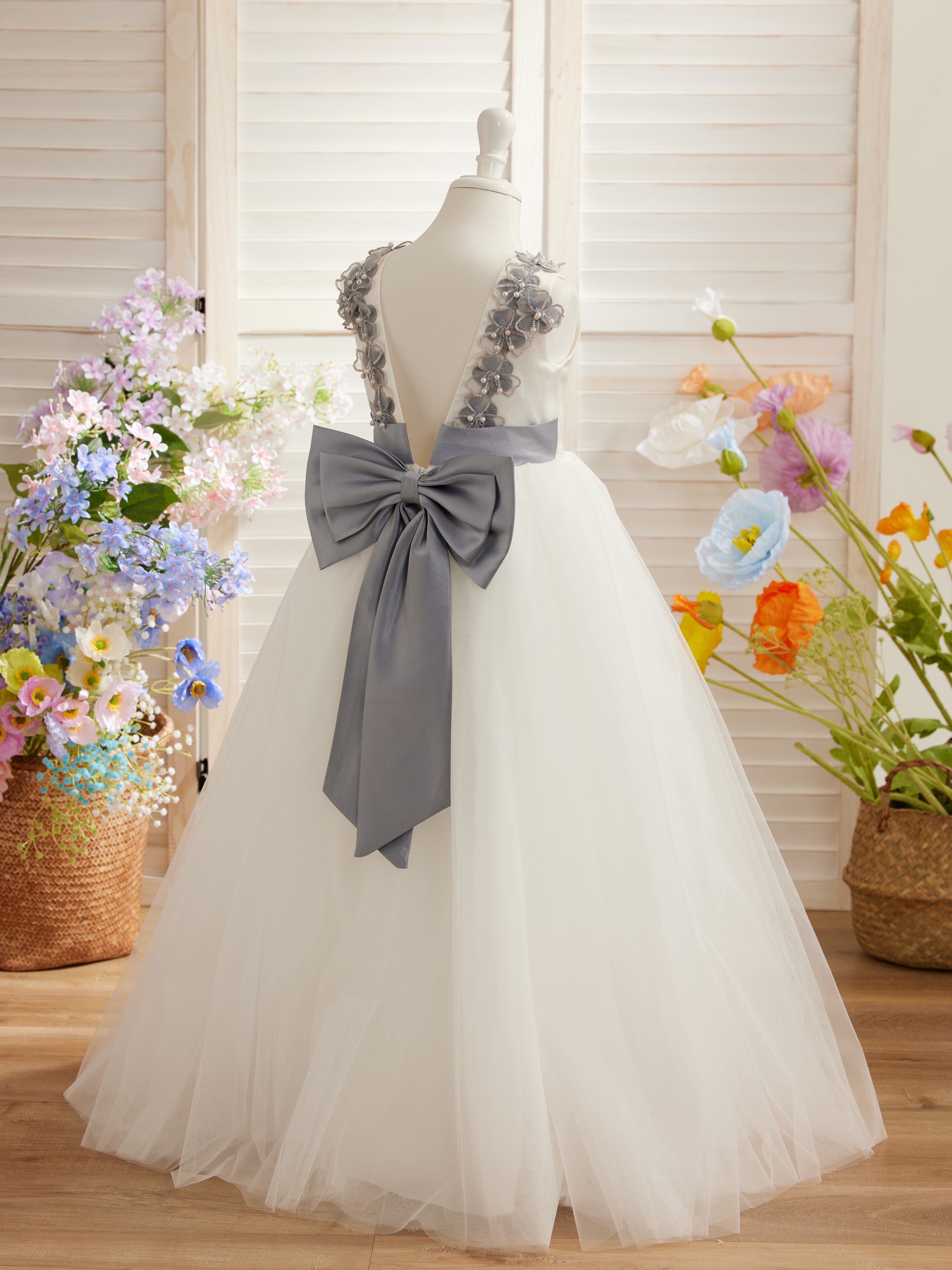 Vestido de princesa/de princesa con flores 3D de tul hasta el suelo, color marfil, para niña de las flores 
