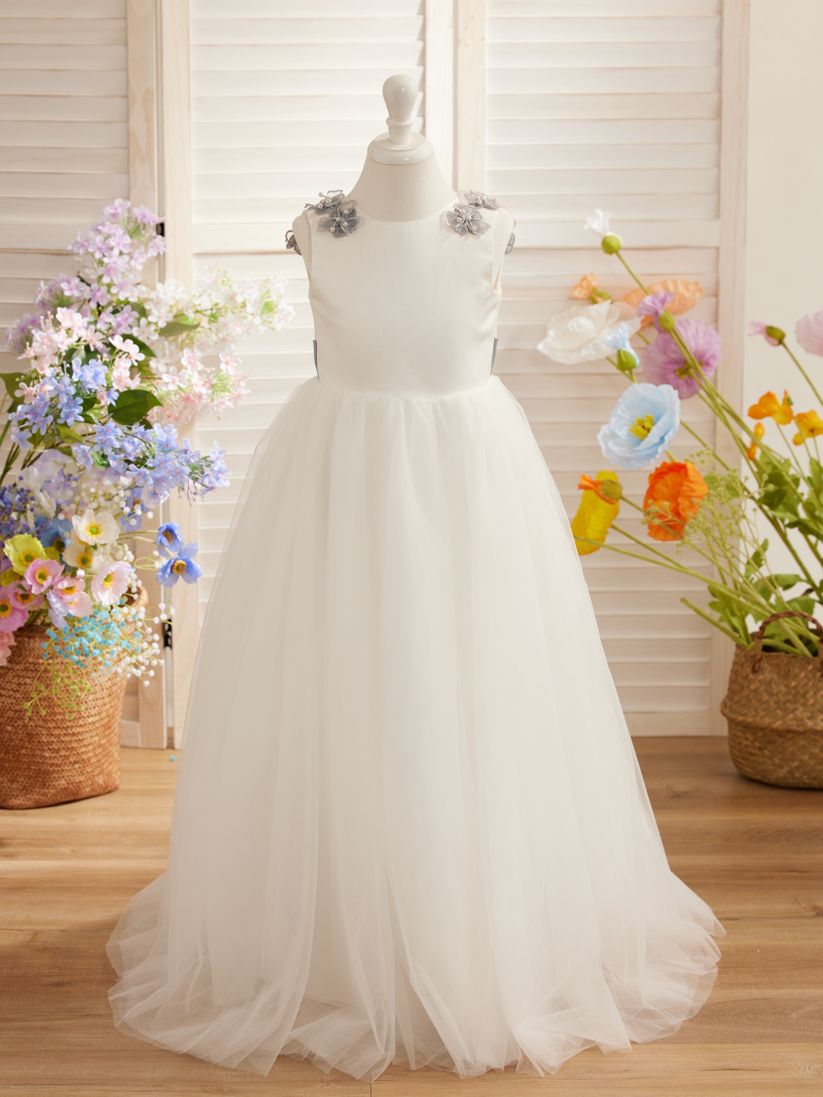 Vestido de princesa/de princesa con flores 3D de tul hasta el suelo, color marfil, para niña de las flores 