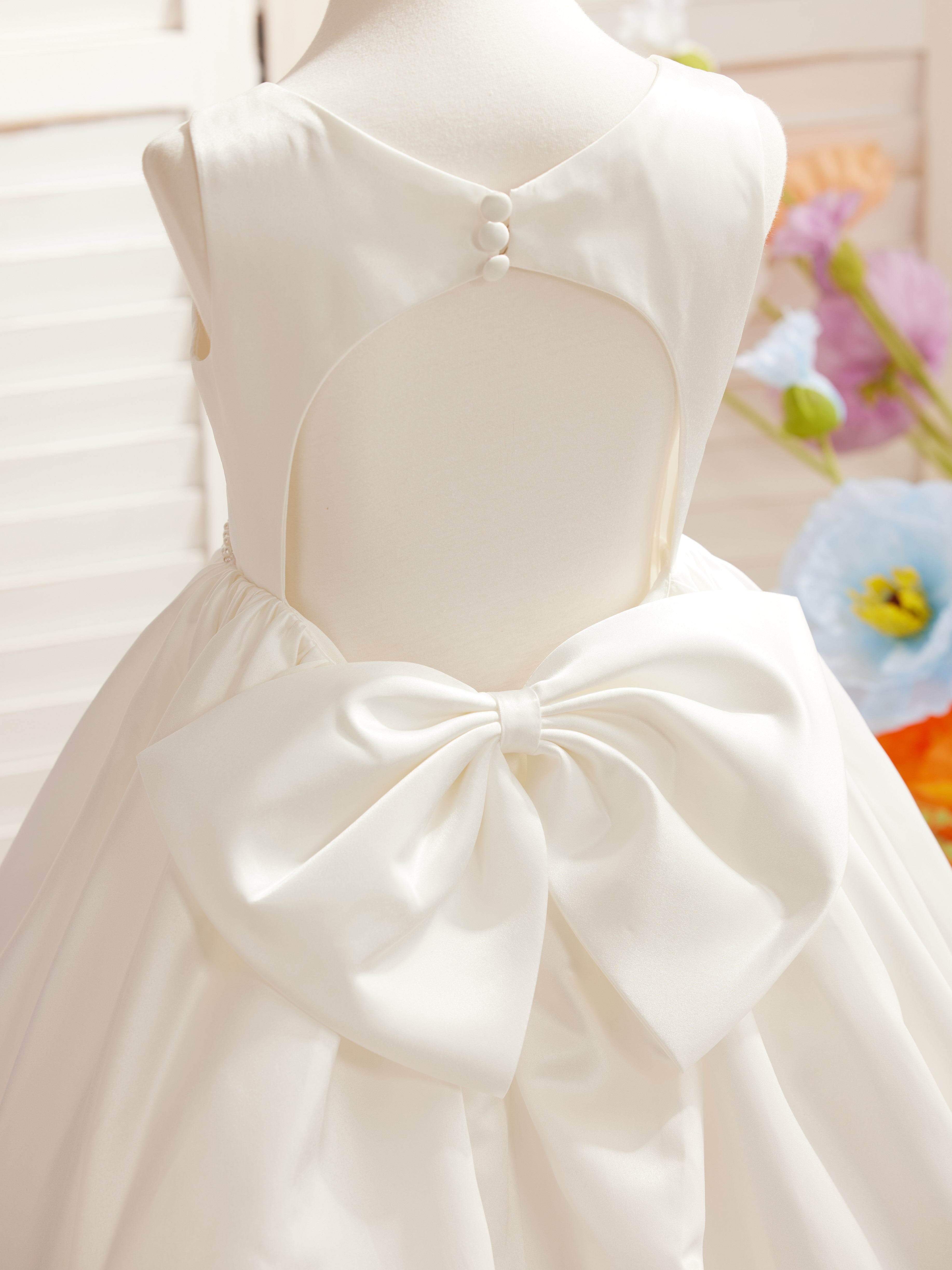 Vestido de princesa de satén con cola para niña de las flores 