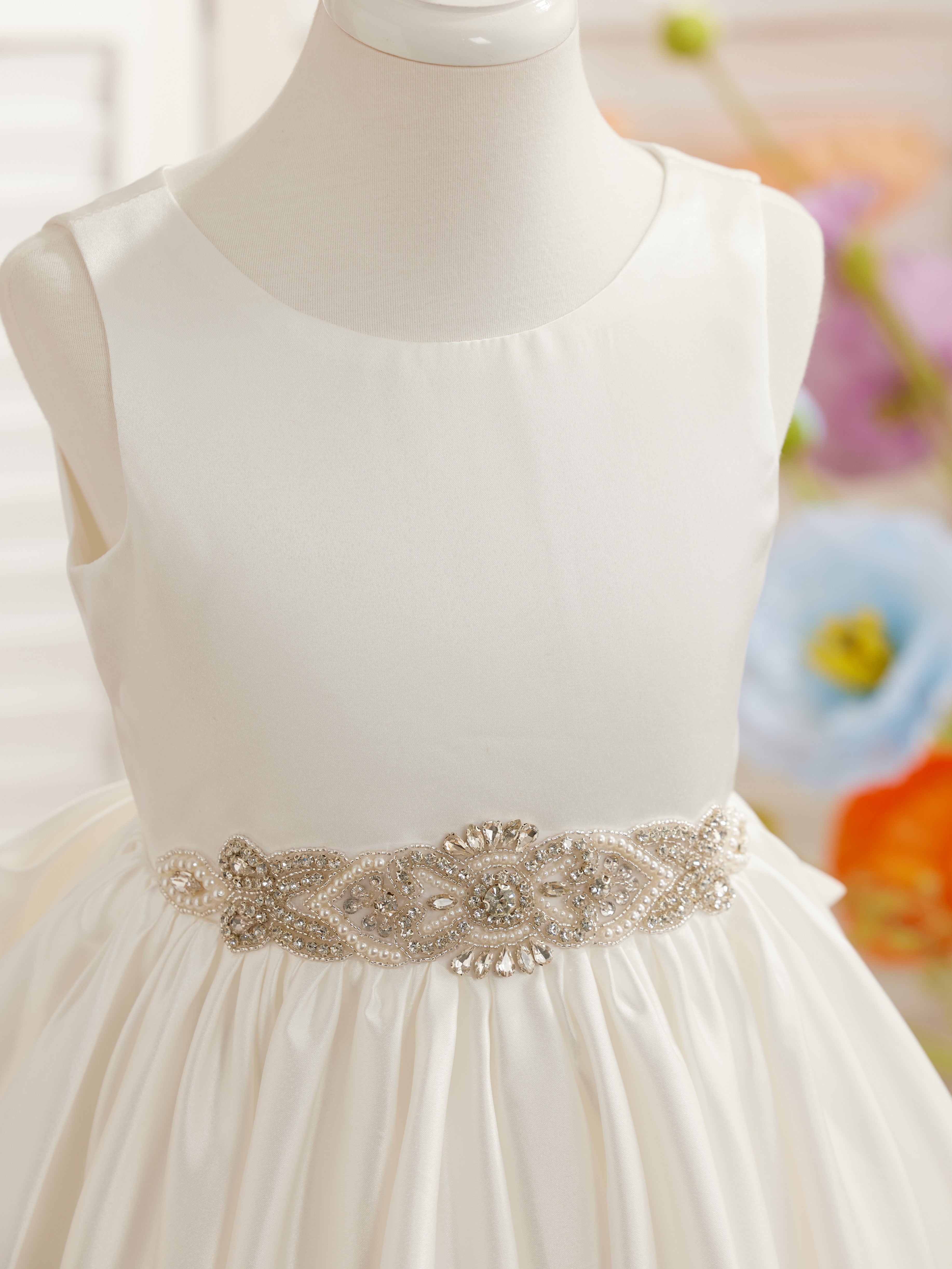 Vestido de princesa de satén con cola para niña de las flores 
