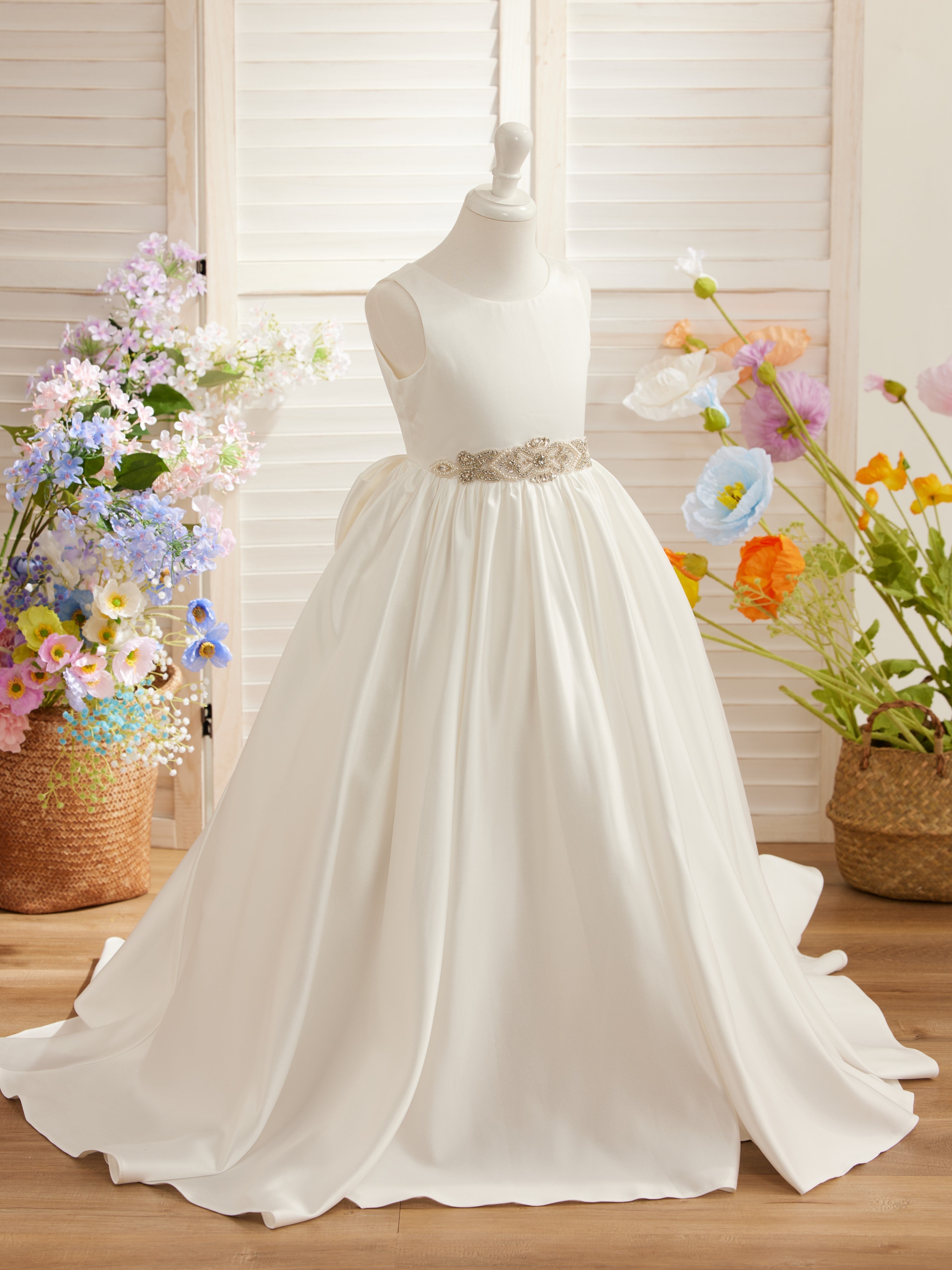 Vestido de princesa de satén con cola para niña de las flores 