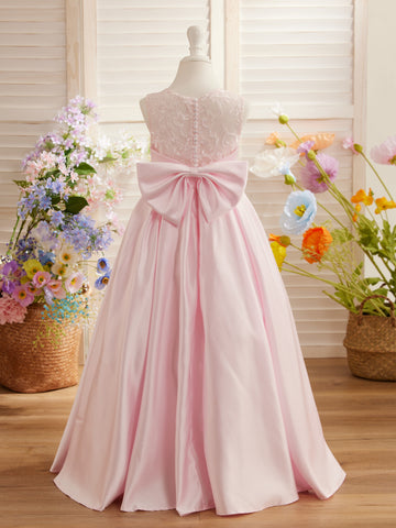 Vestido de niña de las flores para la Primera Comunión, corte en A, encaje y satén, hasta el suelo 