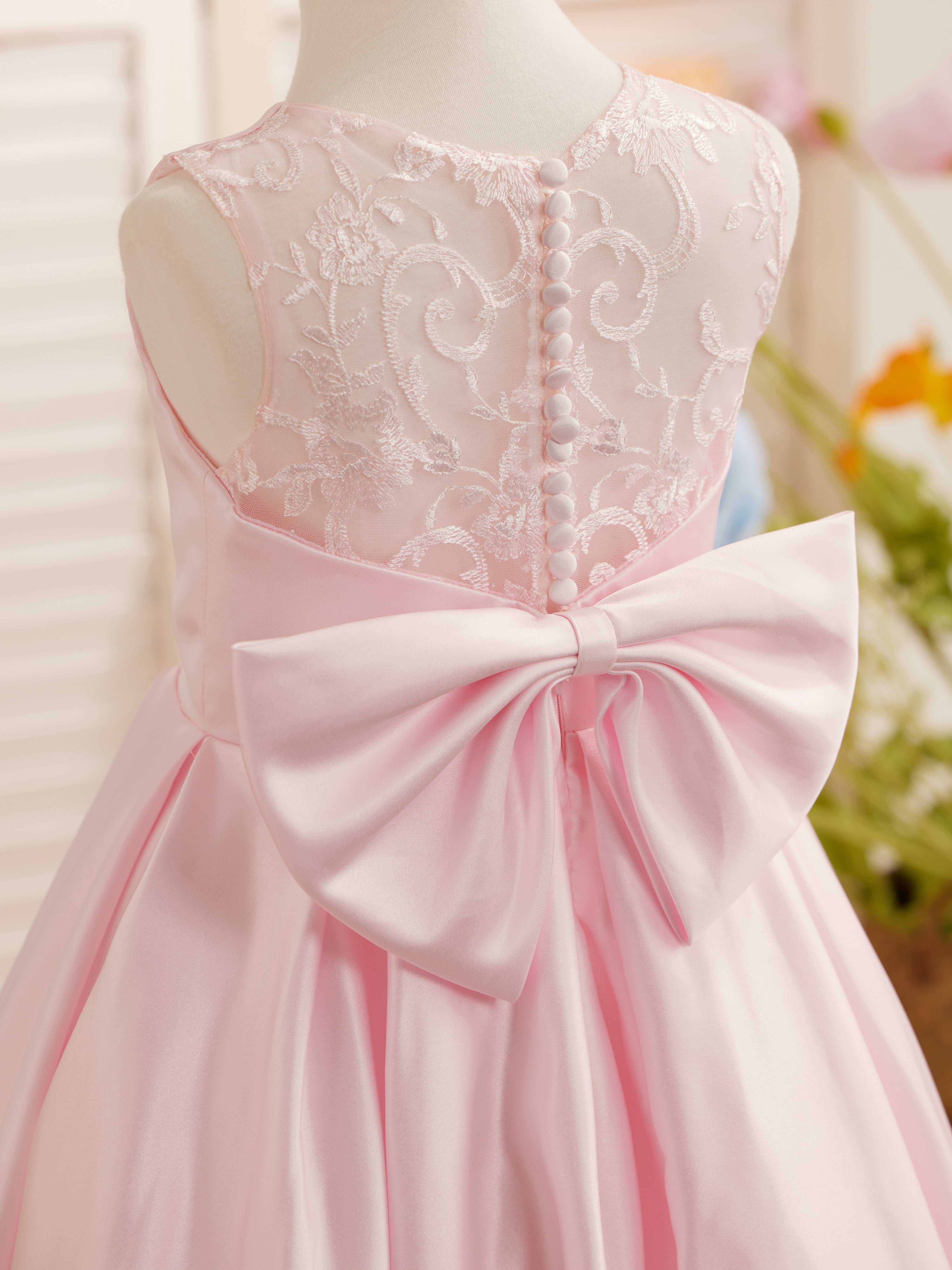 Vestido de niña de las flores para la Primera Comunión, corte en A, encaje y satén, hasta el suelo 