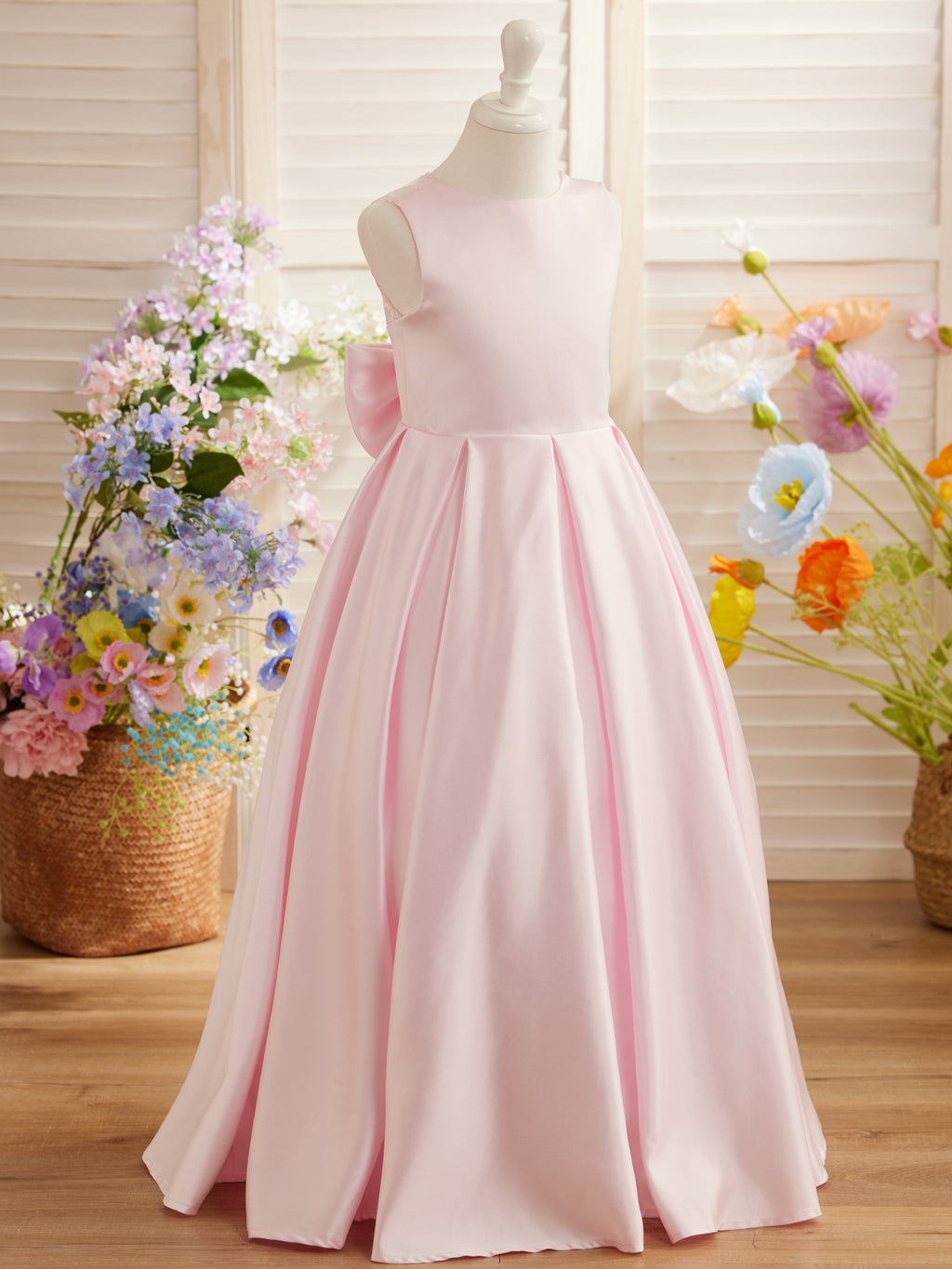 Vestido de niña de las flores para la Primera Comunión, corte en A, encaje y satén, hasta el suelo 
