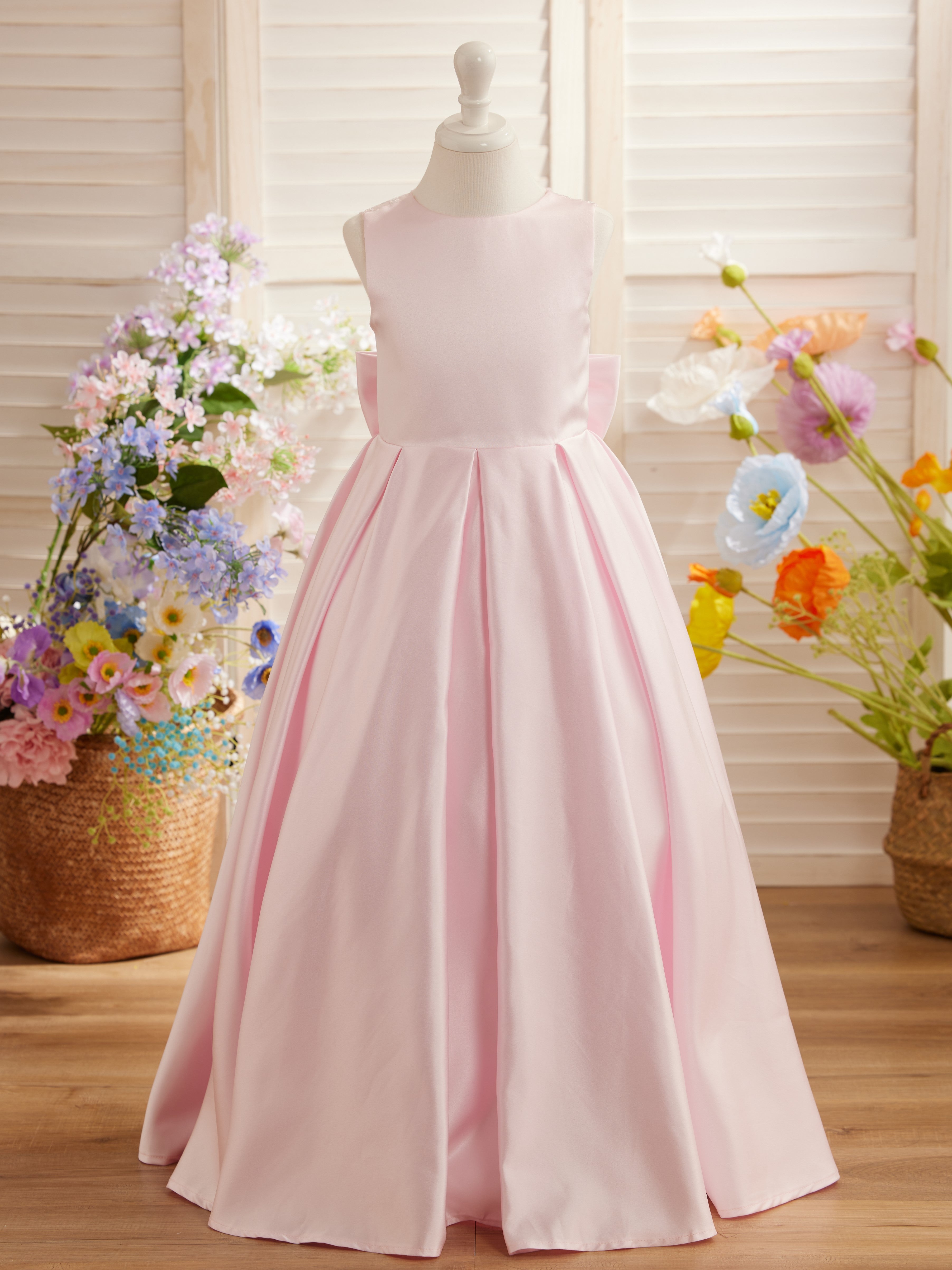 Vestido de niña de las flores para la Primera Comunión, corte en A, encaje y satén, hasta el suelo 
