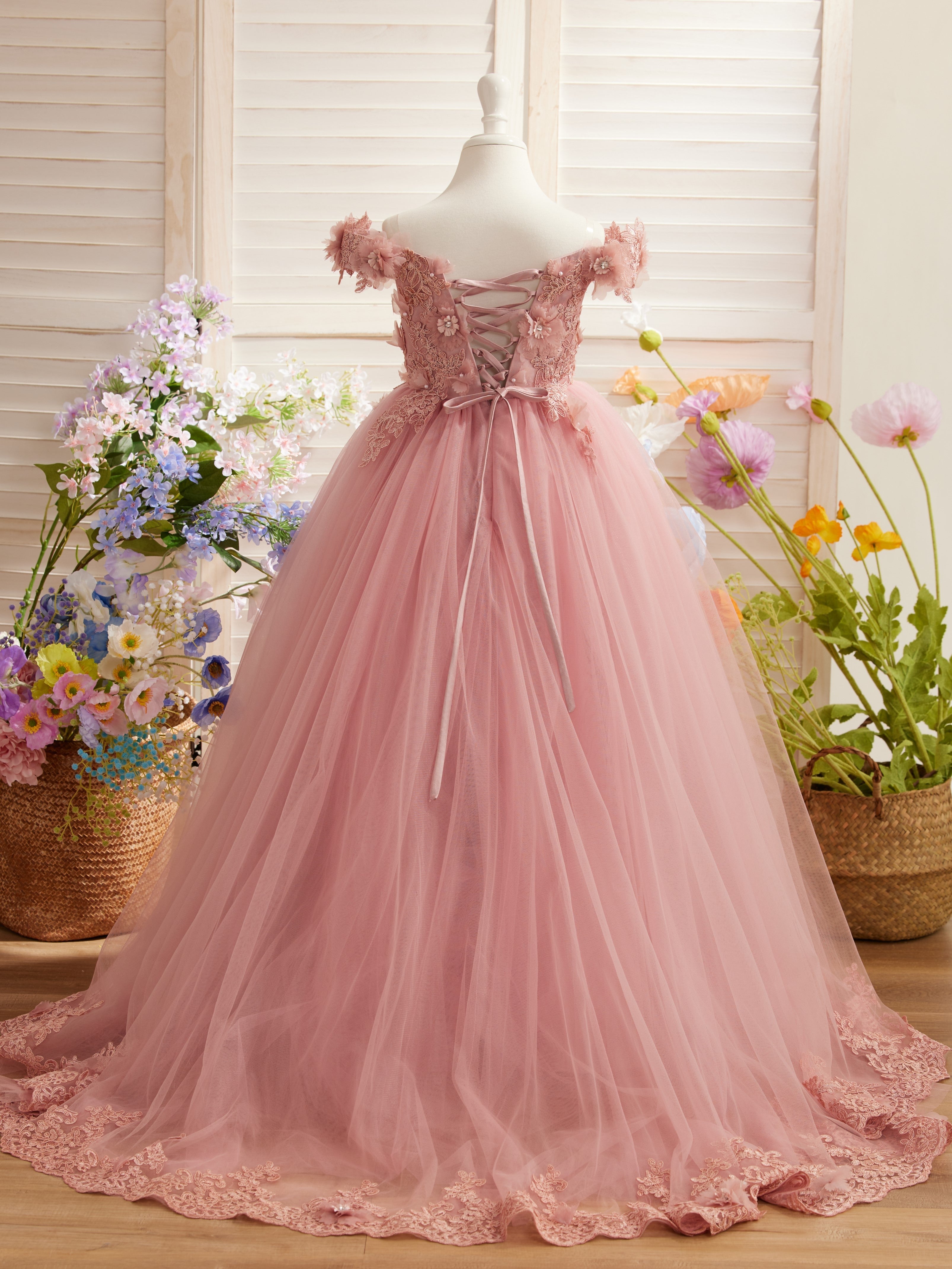 Vestido de gala/princesa rosa con cola de encaje para cumpleaños 