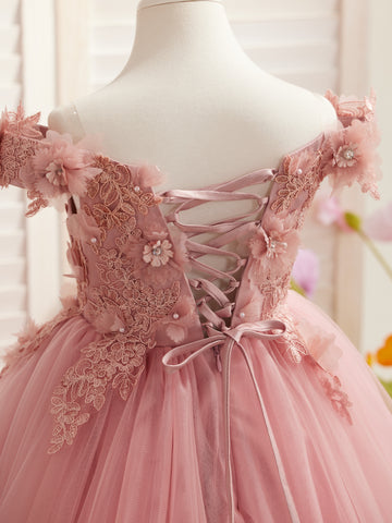 Vestido de gala/princesa rosa con cola de encaje para cumpleaños 