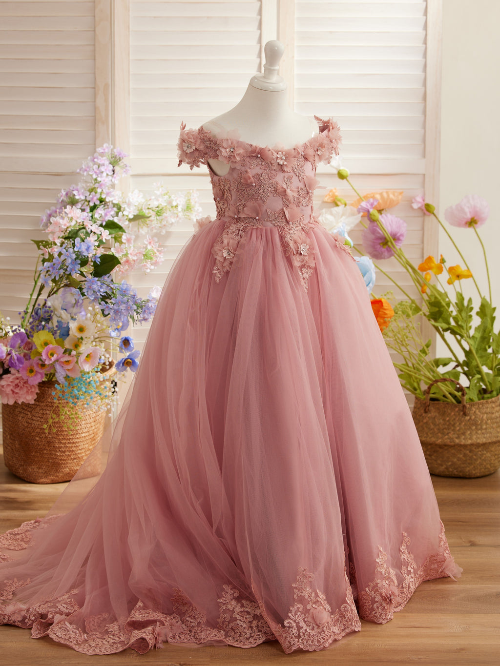 Vestido de gala/princesa rosa con cola de encaje para cumpleaños 
