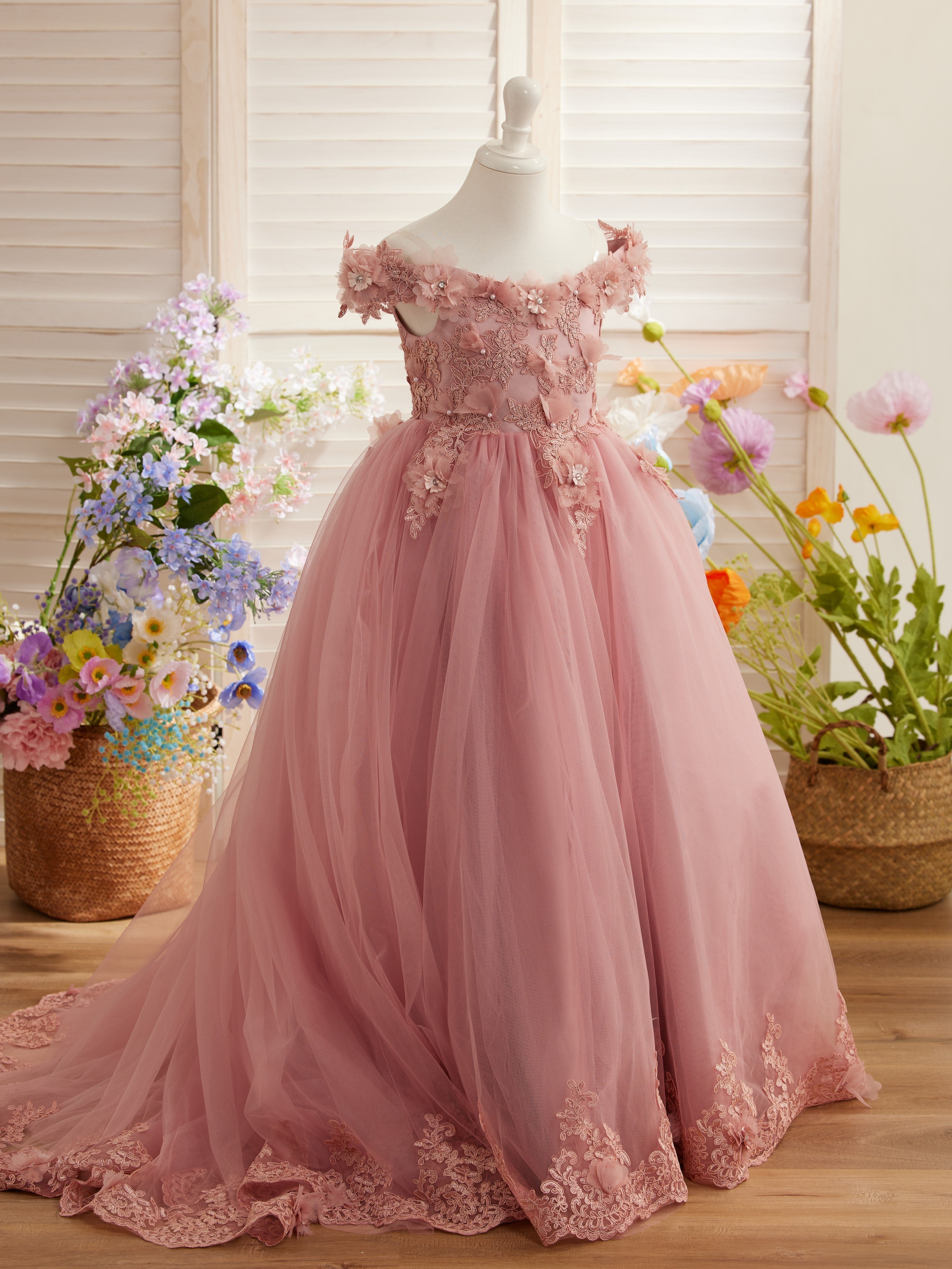 Vestido de gala/princesa rosa con cola de encaje para cumpleaños 