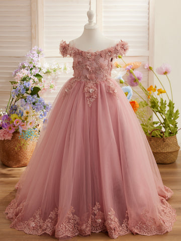 Vestido de gala/princesa rosa con cola de encaje para cumpleaños 