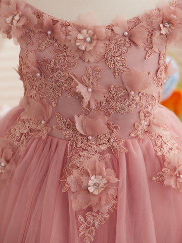 Vestido de gala/princesa rosa con cola de encaje para cumpleaños 