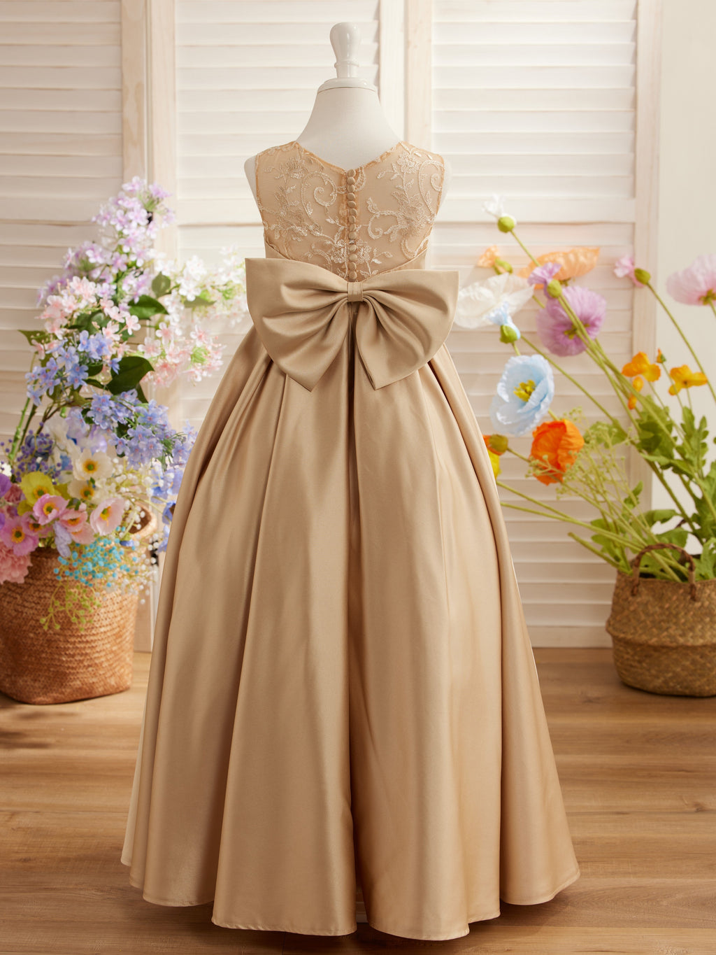 Vestido de niña de las flores para la Primera Comunión, corte en A, encaje y satén, hasta el suelo 