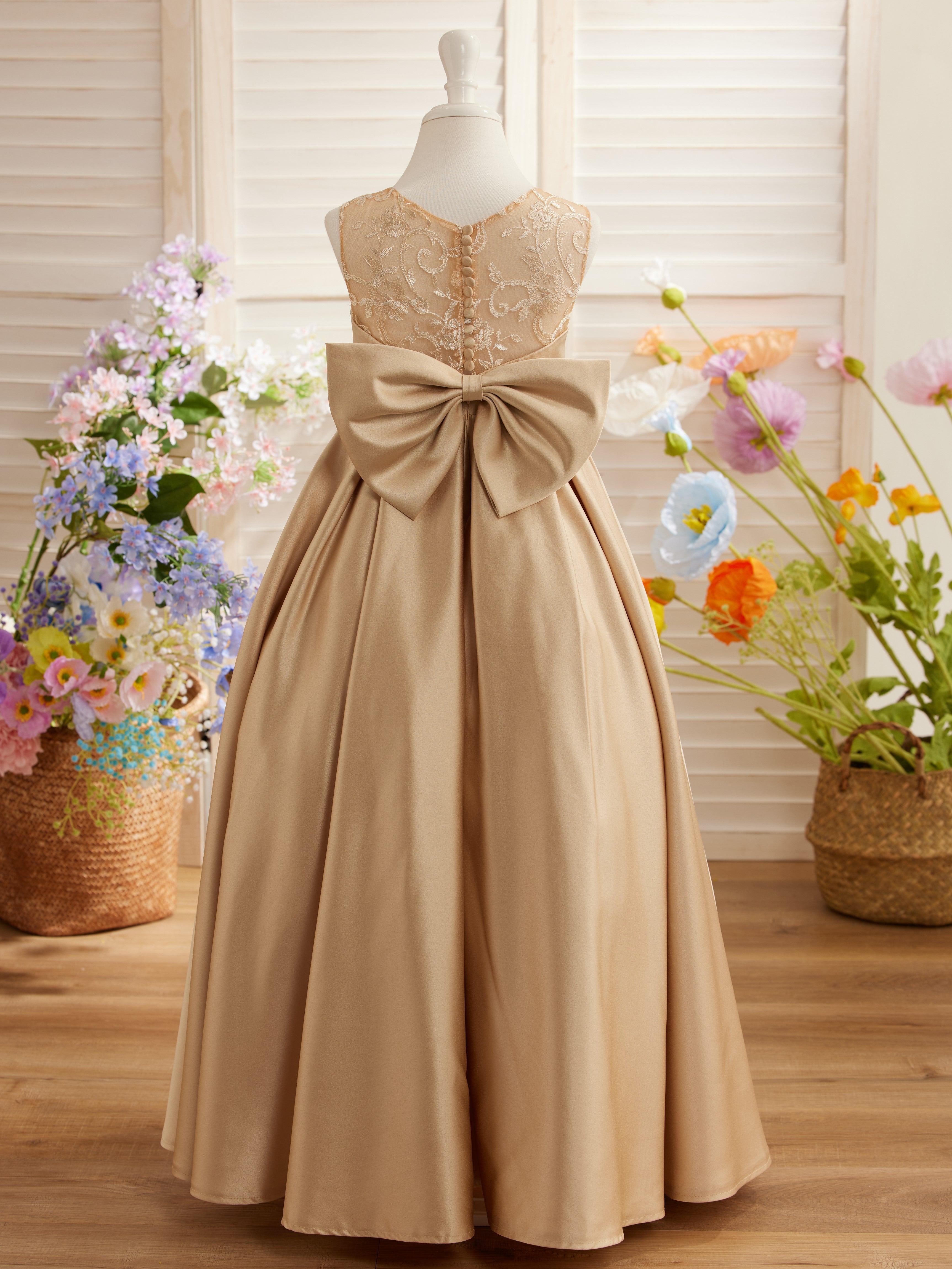 Vestido de niña de las flores para la Primera Comunión, corte en A, encaje y satén, hasta el suelo 