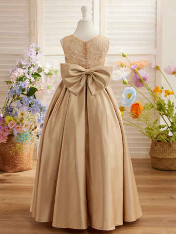 A-line Lace Satin Floor-length First Communion Flower Girl Dress