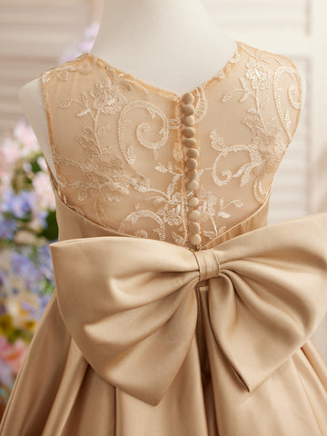 Vestido de niña de las flores para la Primera Comunión, corte en A, encaje y satén, hasta el suelo 