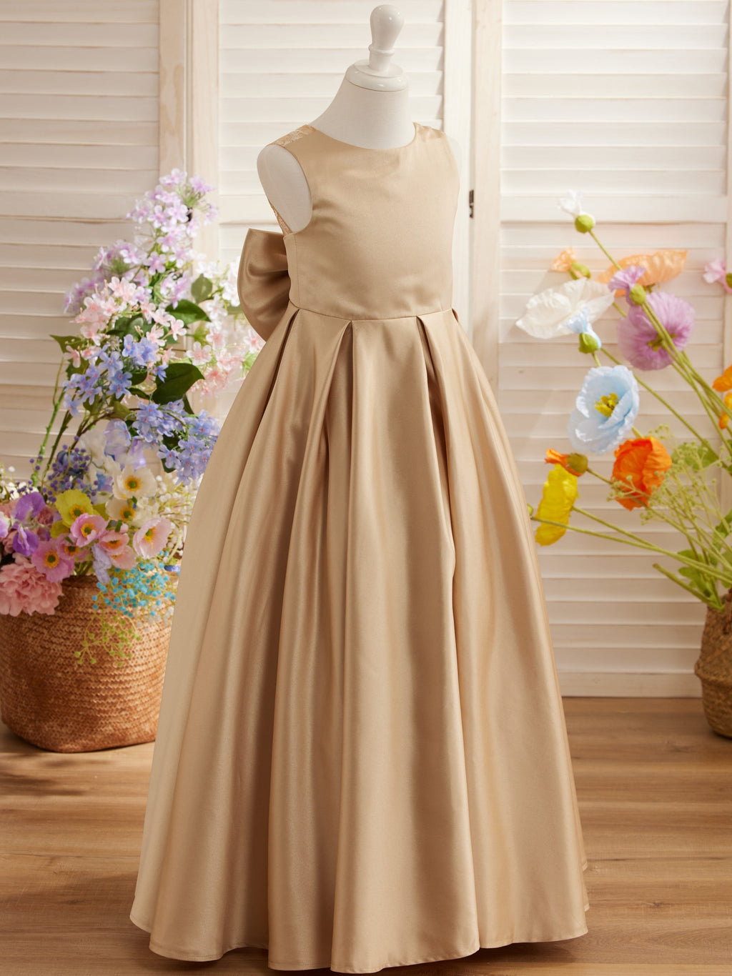 Vestido de niña de las flores para la Primera Comunión, corte en A, encaje y satén, hasta el suelo 