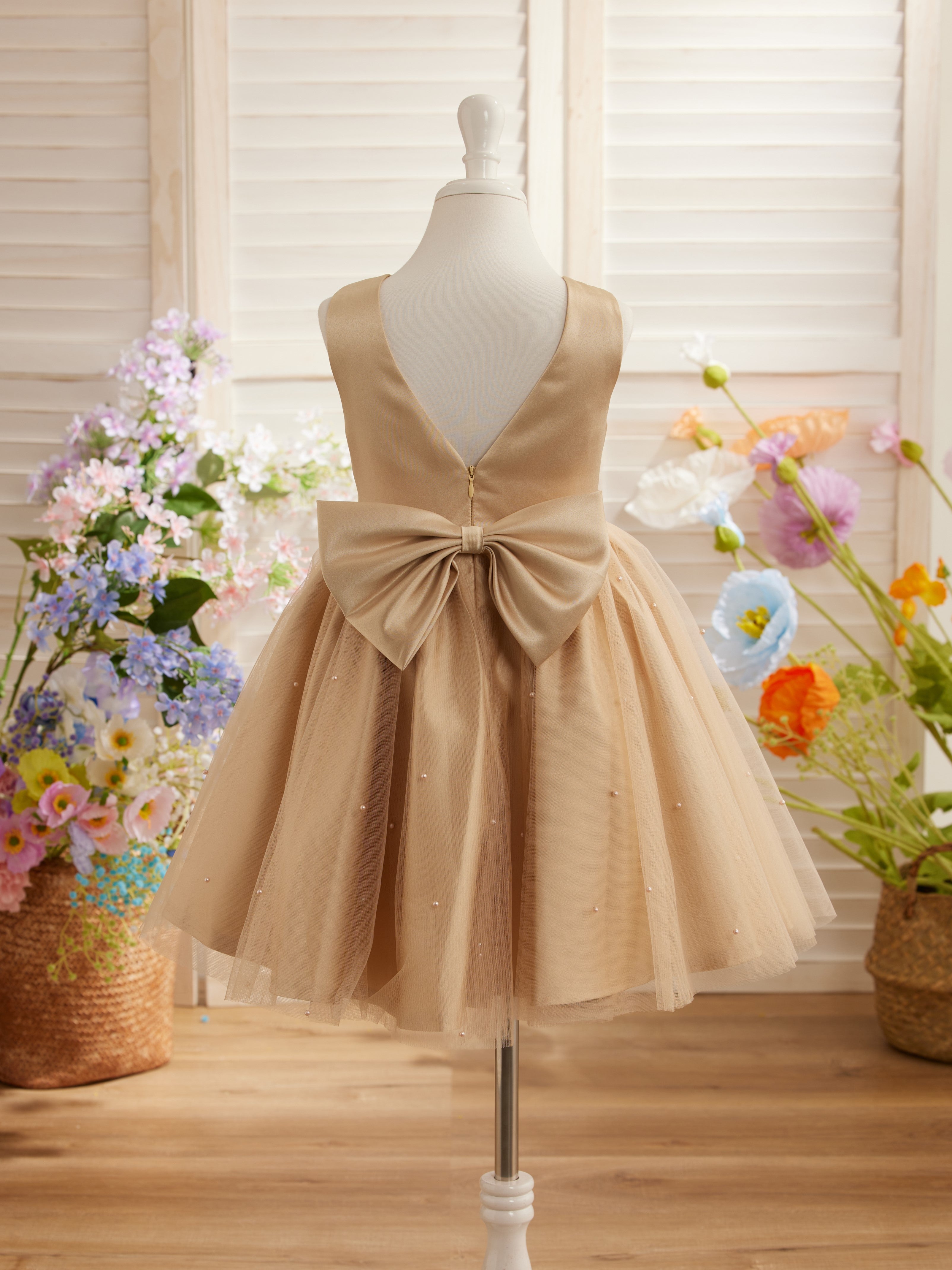 Vestido de princesa/vestido de princesa de satén y tul hasta la rodilla para niña de las flores 