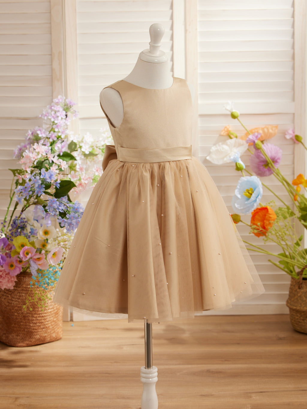 Vestido de princesa/vestido de princesa de satén y tul hasta la rodilla para niña de las flores 