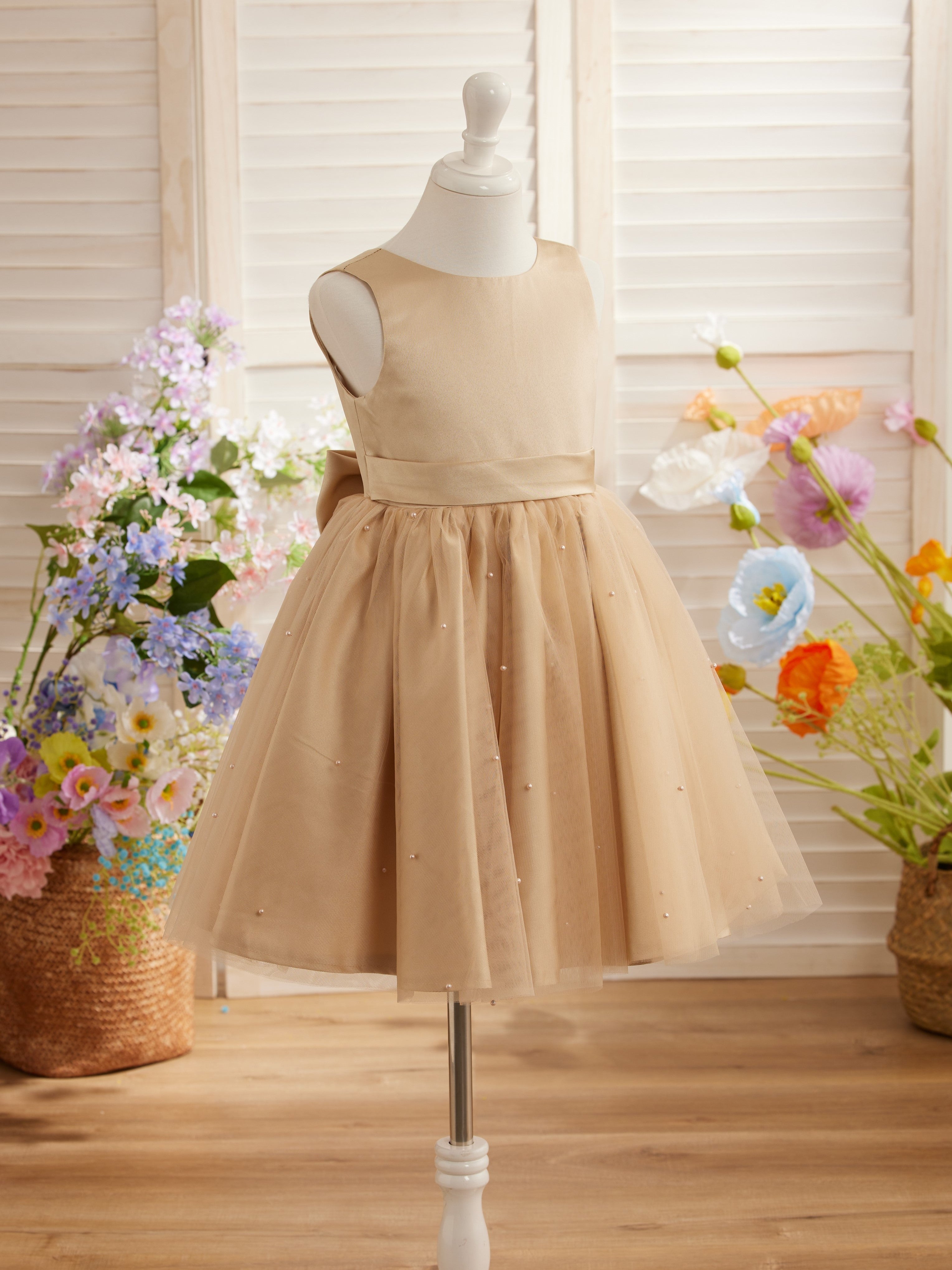 Vestido de princesa/vestido de princesa de satén y tul hasta la rodilla para niña de las flores 