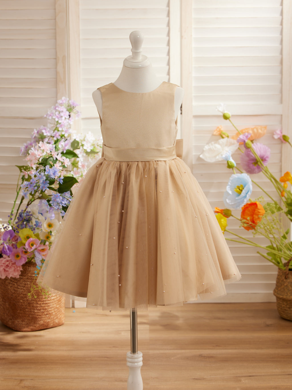 Vestido de princesa/vestido de princesa de satén y tul hasta la rodilla para niña de las flores 