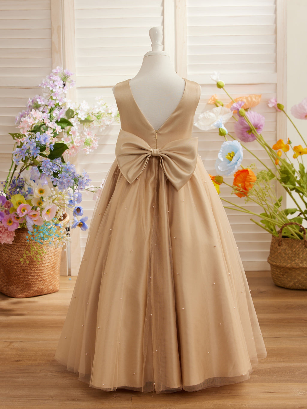Vestido de princesa/vestido de niña de las flores de satén y tul color champán 
