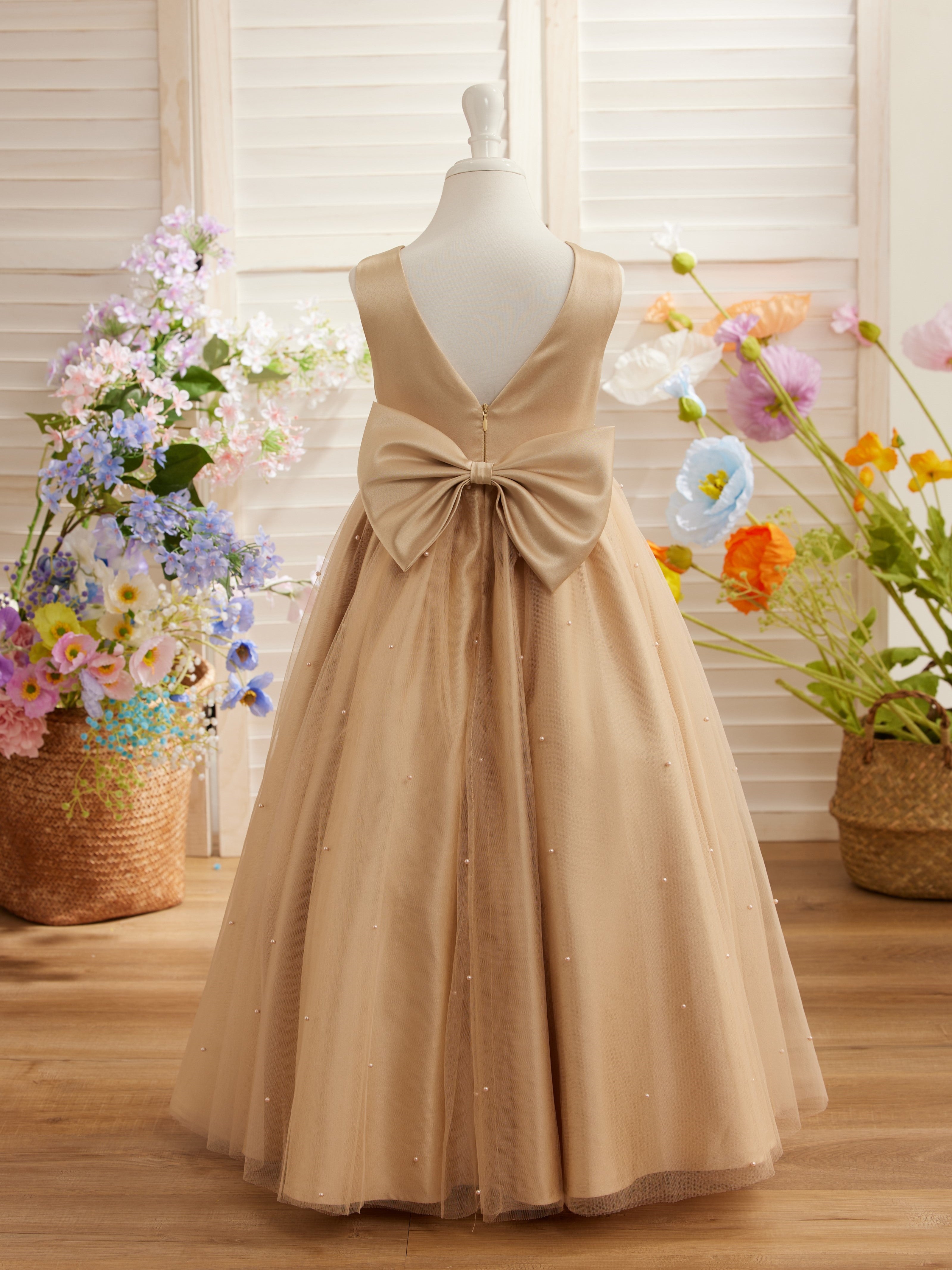 Vestido de princesa/vestido de niña de las flores de satén y tul color champán 