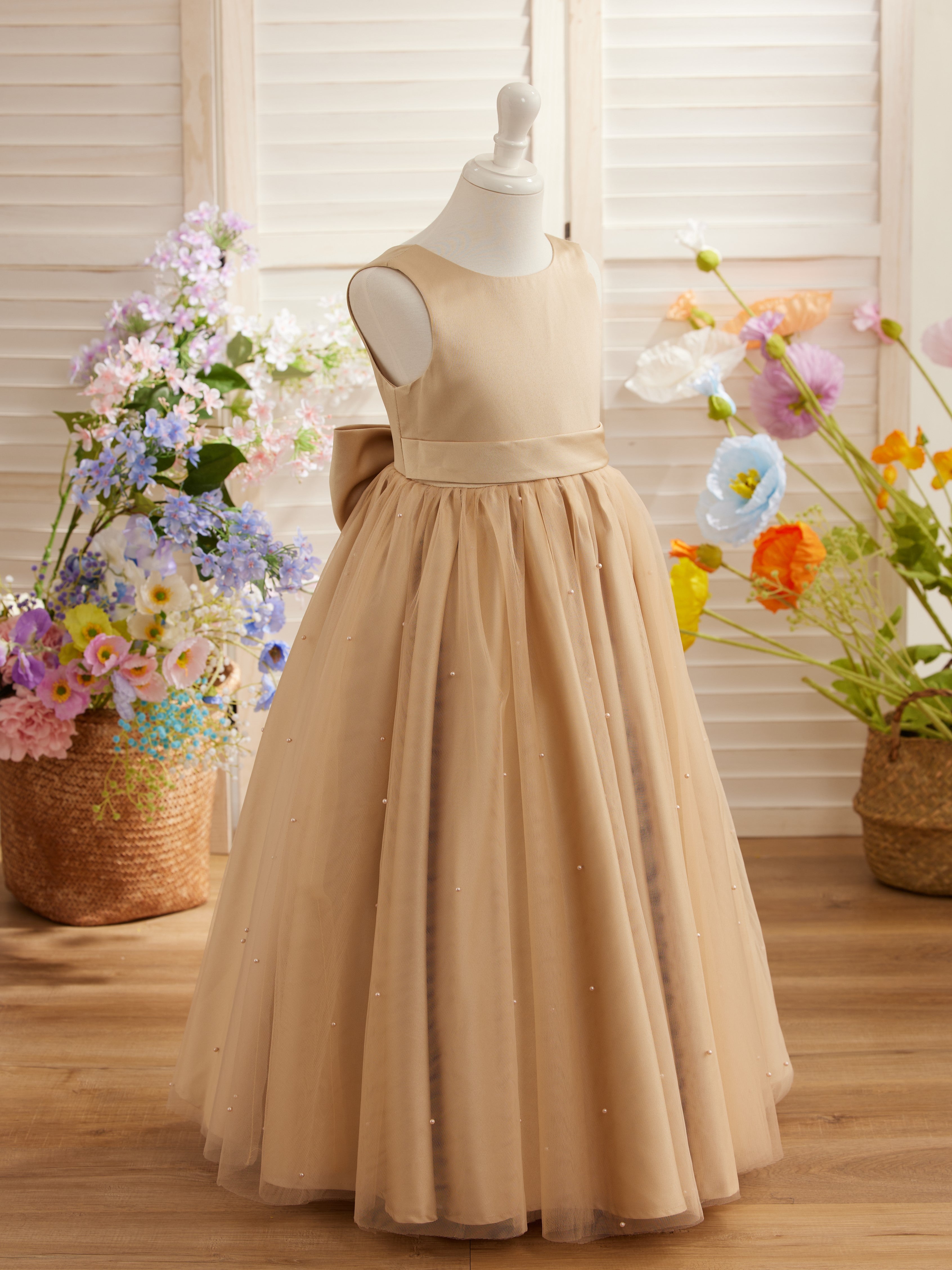 Vestido de princesa/vestido de niña de las flores de satén y tul color champán 