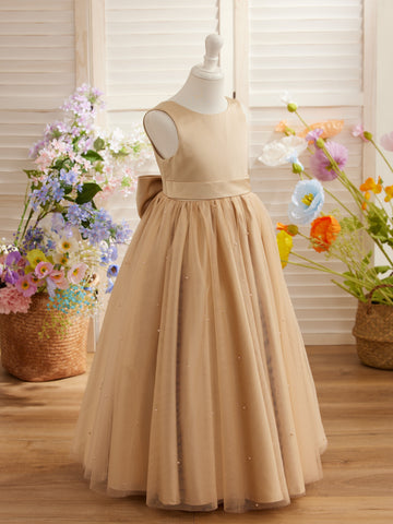 Robe de bal/robe de princesse en satin et tulle couleur champagne pour demoiselle d'honneur 