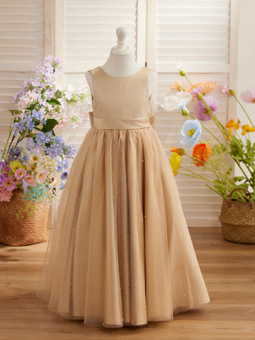 Robe de bal/robe de princesse en satin et tulle couleur champagne pour demoiselle d'honneur 