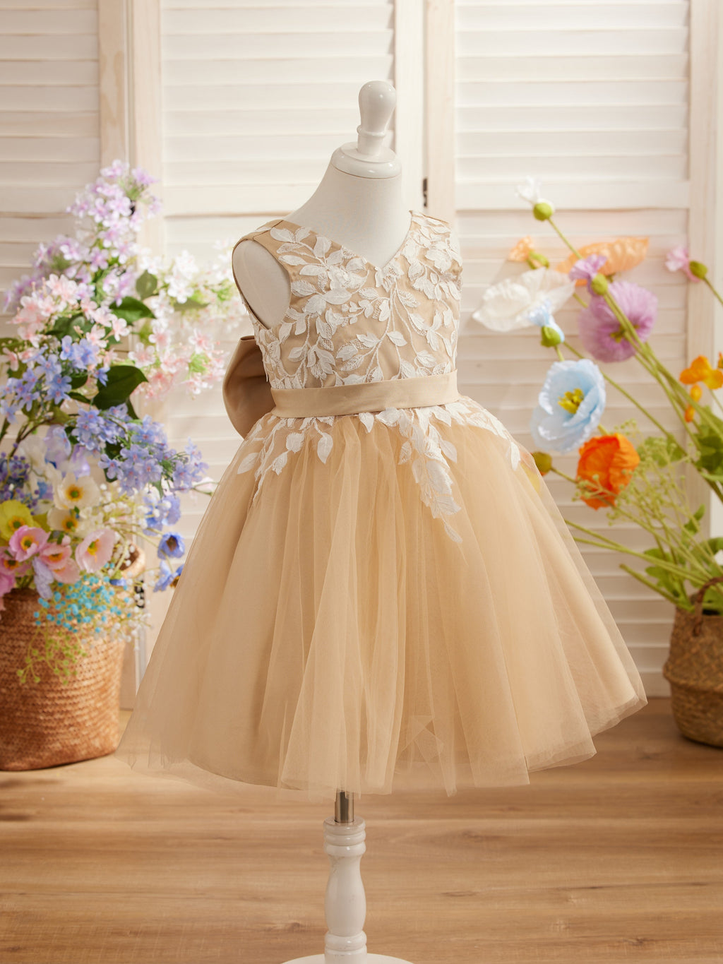 Vestido de niña de las flores sin mangas de tul y encaje hasta la rodilla 