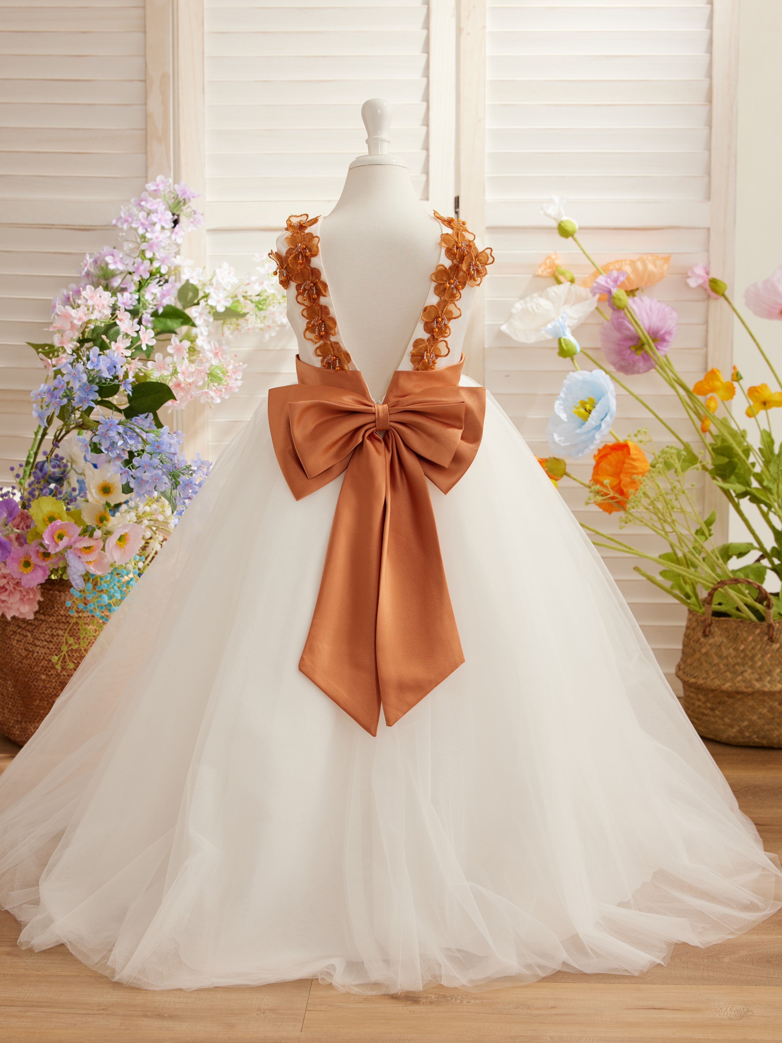 Vestido de princesa/de princesa con flores 3D de tul hasta el suelo, color marfil, para niña de las flores 