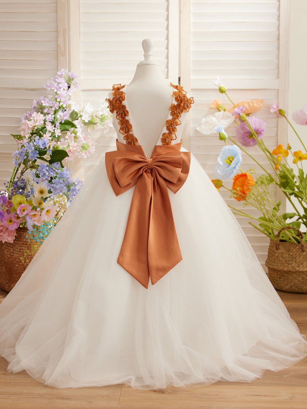 Vestido de princesa/de princesa con flores 3D de tul hasta el suelo, color marfil, para niña de las flores 