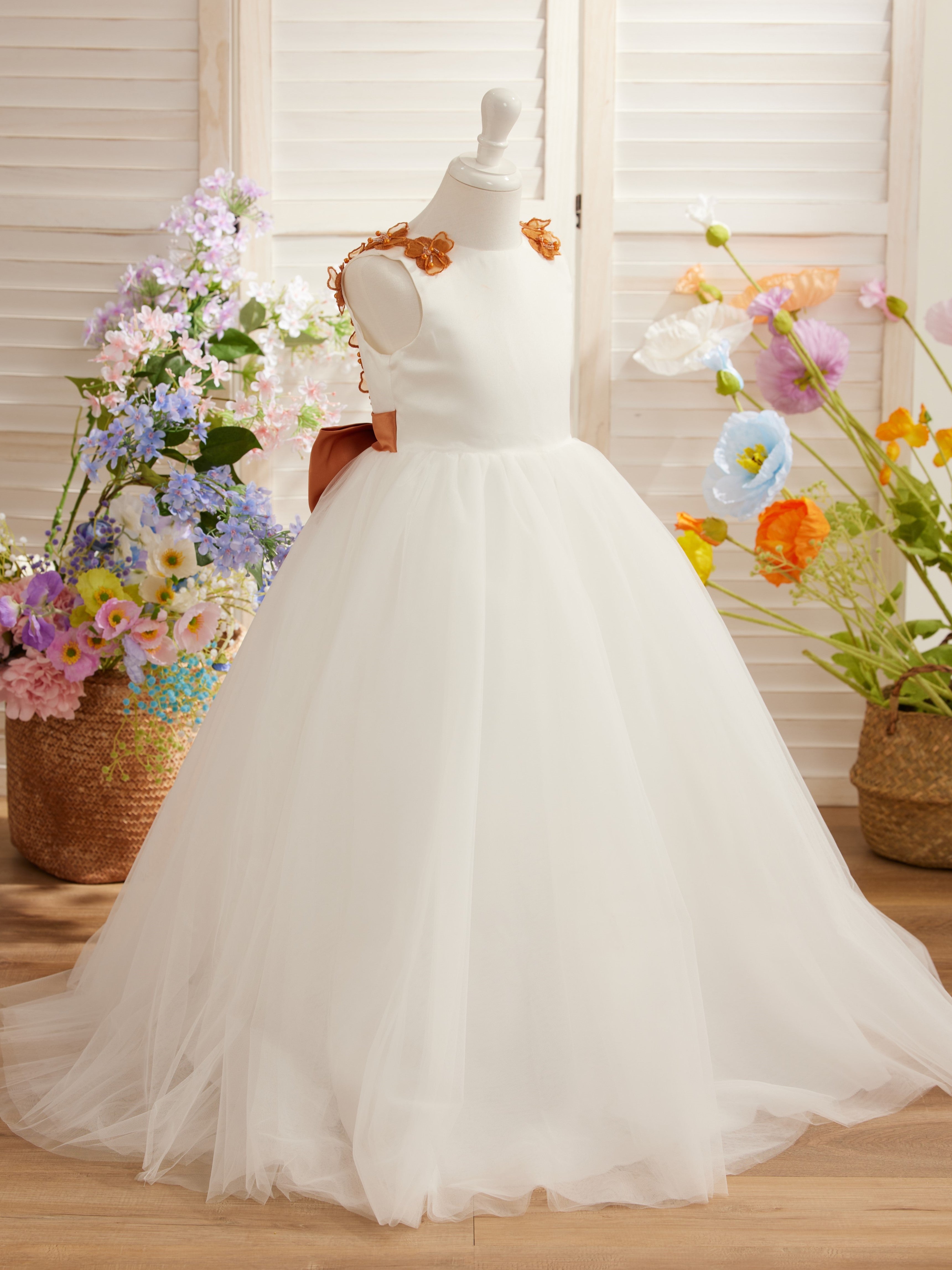 Vestido de princesa/de princesa con flores 3D de tul hasta el suelo, color marfil, para niña de las flores 