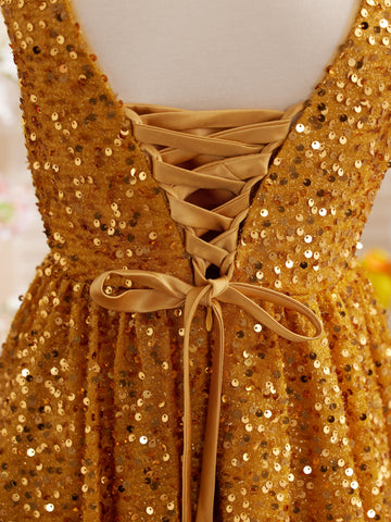 Deslumbrante vestido de princesa rojo con lentejuelas, escote en V y cola para niñas 