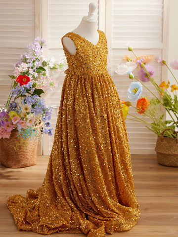 Deslumbrante vestido de princesa rojo con lentejuelas, escote en V y cola para niñas 