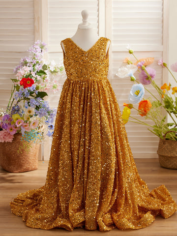 Deslumbrante vestido de princesa rojo con lentejuelas, escote en V y cola para niñas 