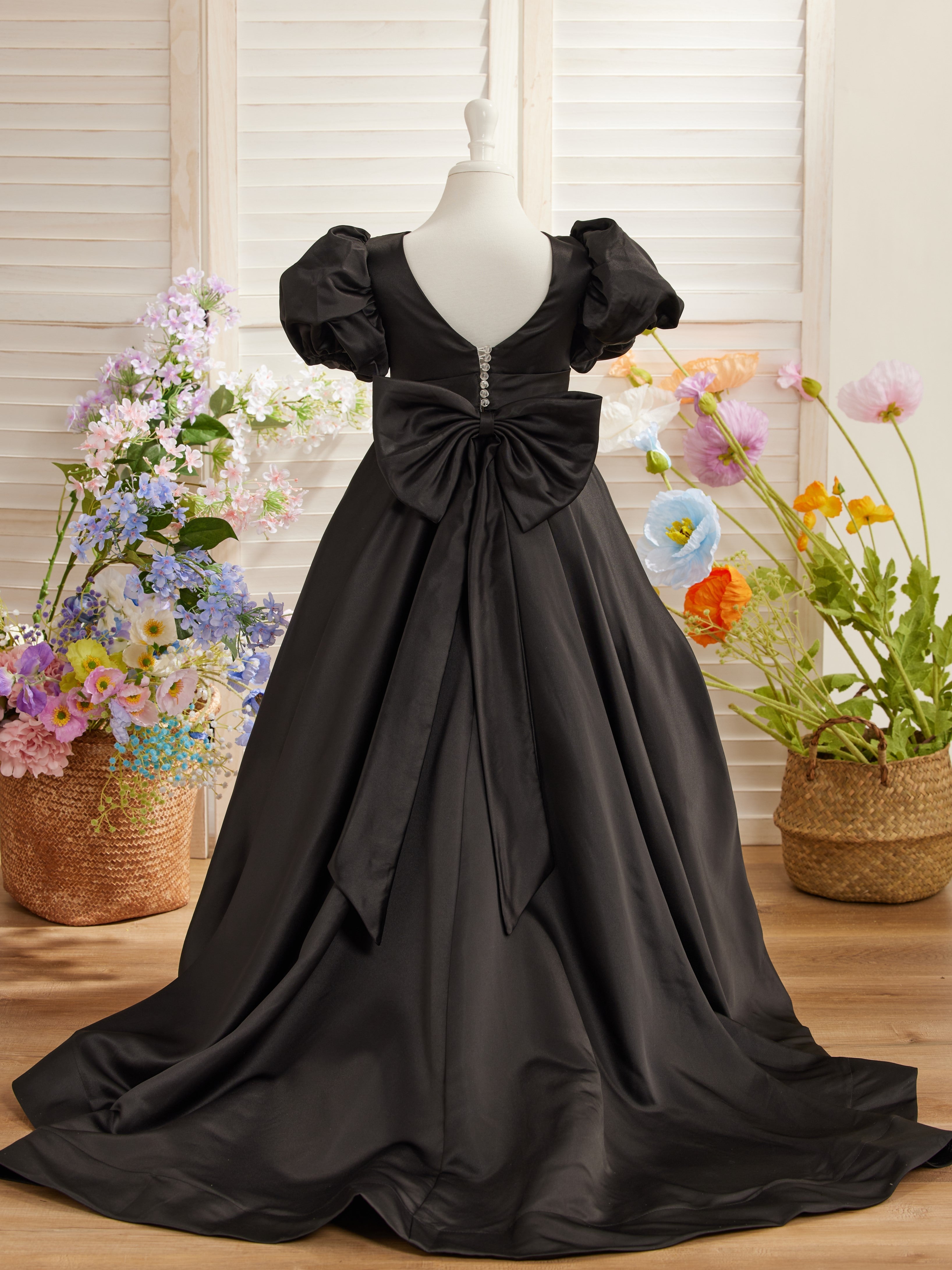 Vestido de niña de las flores con mangas abullonadas, lazo, botones en la espalda y cola de barrido 