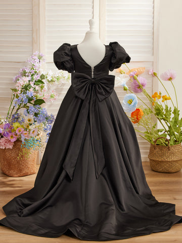 Vestido de niña de las flores con mangas abullonadas, lazo, botones en la espalda y cola de barrido 